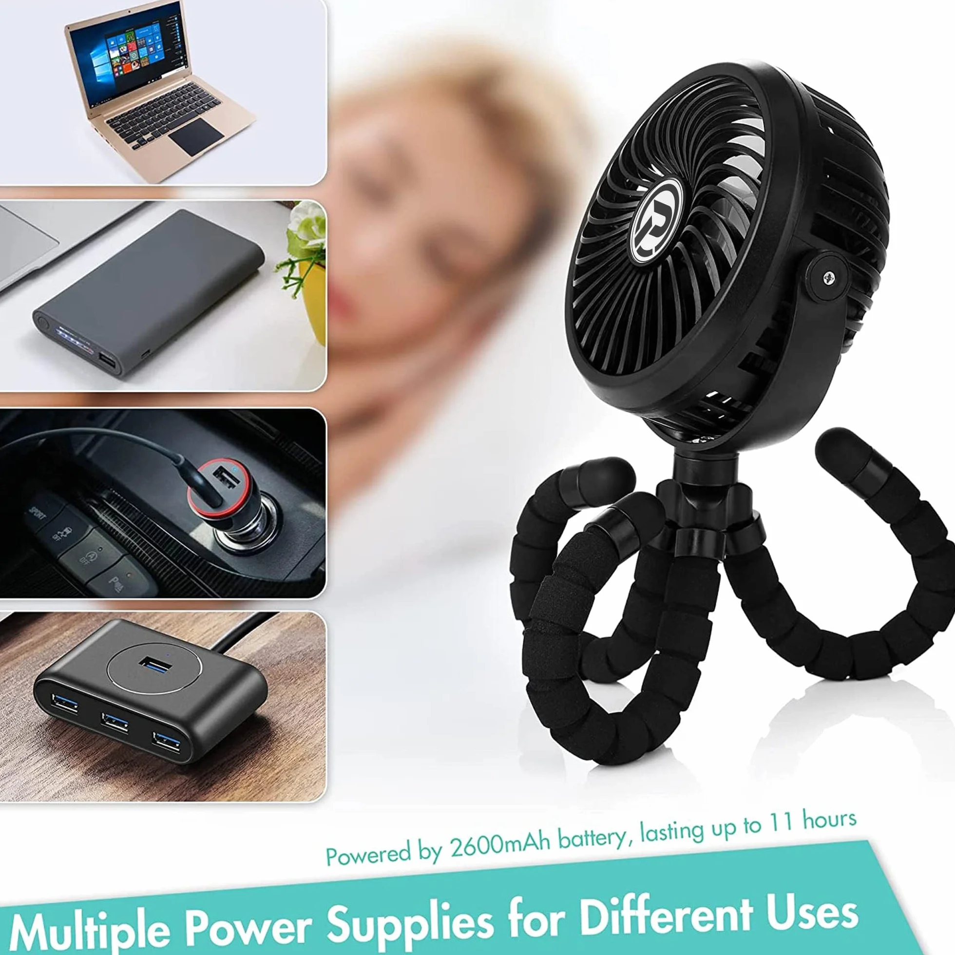 Mini Ventilador USB,2600mAh alimentado por batería oscilante 360° Girar 3 Velocidades para coche / cochecito / caminadora / camping / barbacoa / gimnasio