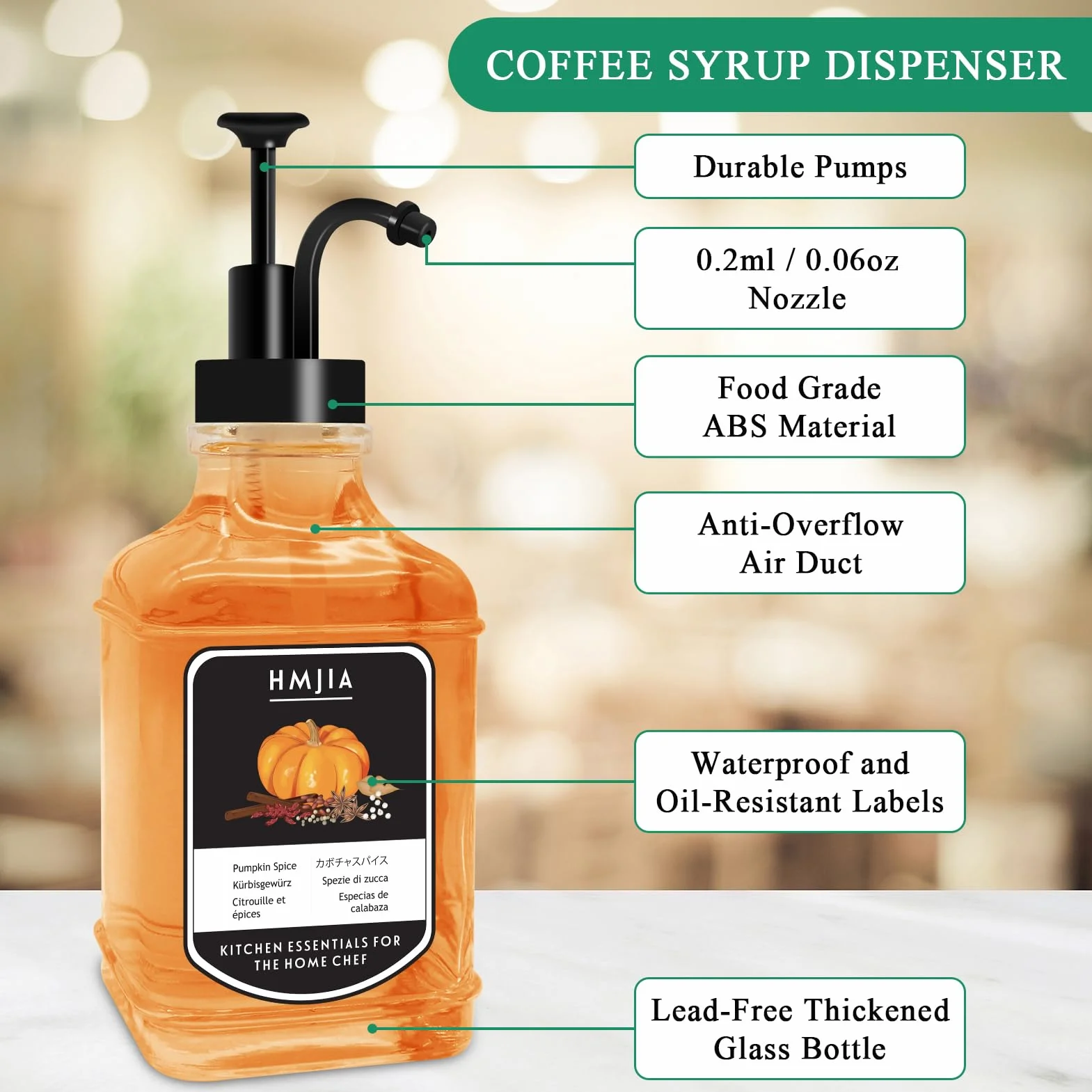 HMJIA Dozownik syropu kawowego do kawiarni, 500 ml, szklane butelki na syrop z 16 wodoodpornymi etykietami, pompa do syropu do restauracji, baru lub lodziarni (500 ml - 1 szt., czarny kwadrat)