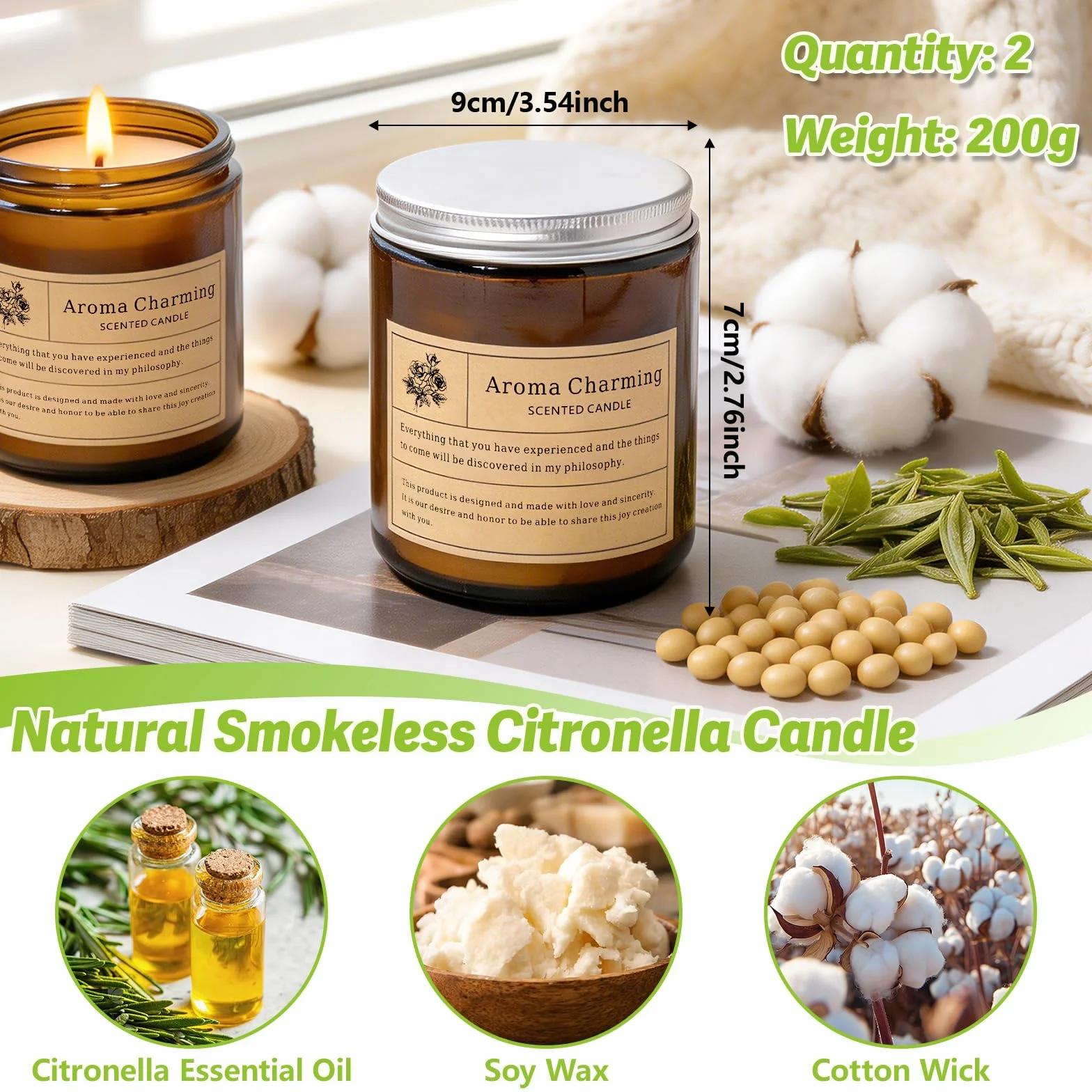 Świece z wosku sojowego z trawy cytrynowej, 200 g, 100% naturalne, do ogrodu, na kemping, balkon, piknik, taras, do dekoracji, 2 szt