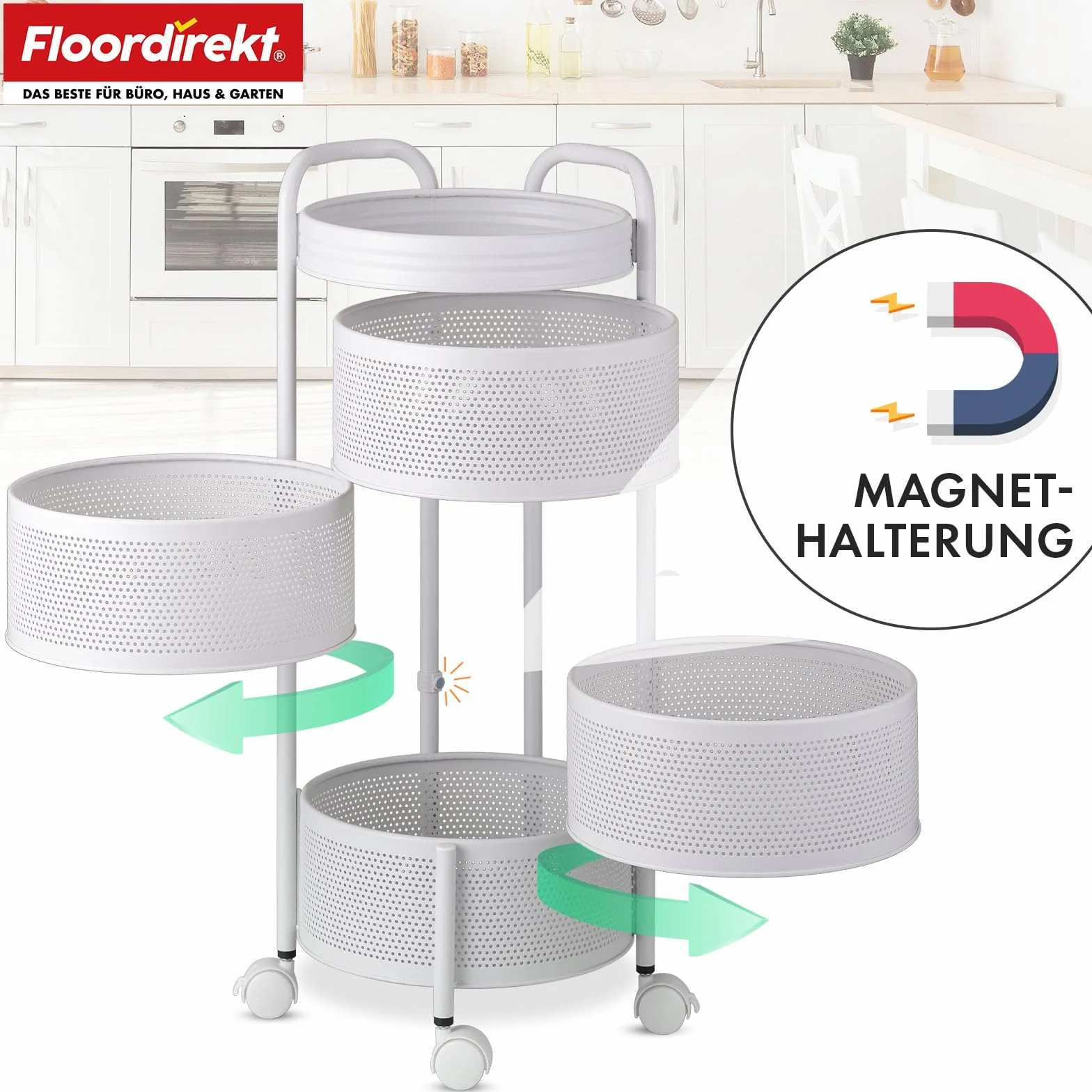 Floordirekt Wózek kuchenny, okrągły, regał kuchenny, regał na warzywa z kółkami, wózek na owoce, wózek do przechowywania do kuchni, łazienki, salonu, pokoju dziecięcego – Henry (4 poziomy)