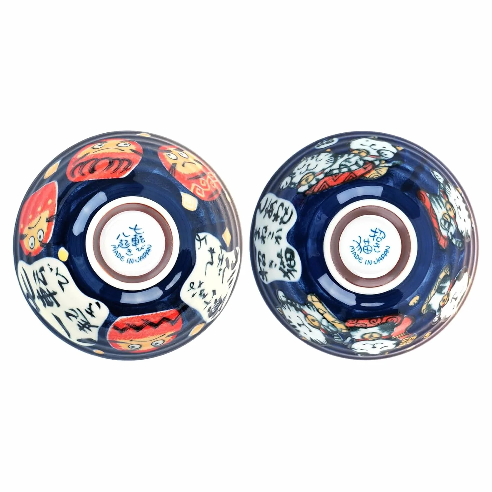 CoolChange Japońska miska na ryż Daruma i kot szczęścia | ręcznie malowana z porcelany | 2 szt. | miski ceramiczne | azjatyckie miseczki do jedzenia | 12 cm | nadaje się do kuchenki mikrofalowej i