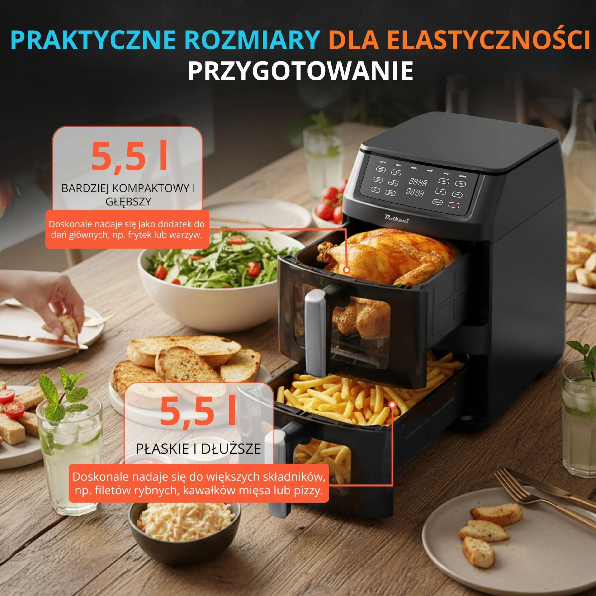 Frytkownica na gorące powietrze, 11 l, z 2 komorami i okienkiem, podwójna komora Airfryer z podwójną funkcją, automatyczne programy 6 w 1, ekran dotykowy, nieprzywierające i nadające się do