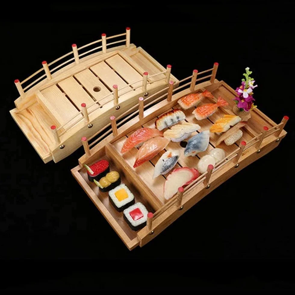 Drewniana taca do serwowania łodzi z mostem sushi, 43 cm – zdemontuj pojemnik na sashimi, dolna deska dla eleganckiego doznania kulinarnego