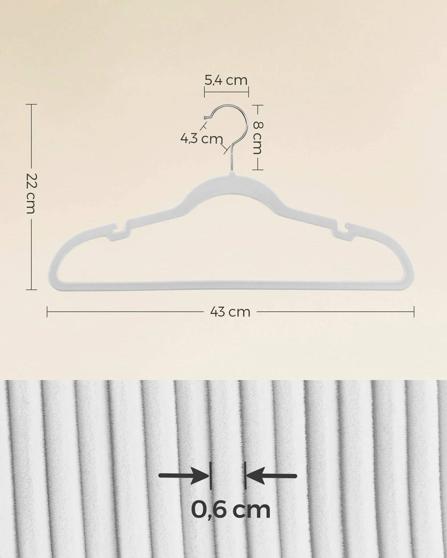 SONGMICS CRF029W05 Wieszak na ubrania aksamitny antypoślizgowy obracany 360° grubość 0,6 cm szerokość 43 cm 50 sztuk biały