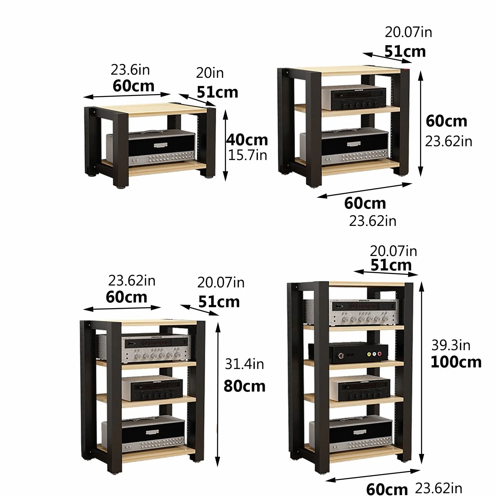 Regulowany stojak HiFi i odtwarzacz płyt gramofonowych do systemów stereo i kompaktowej szafki audio z drewna i stali (biały, 60 x 51 x 80 cm) – idealny dla audiofilów