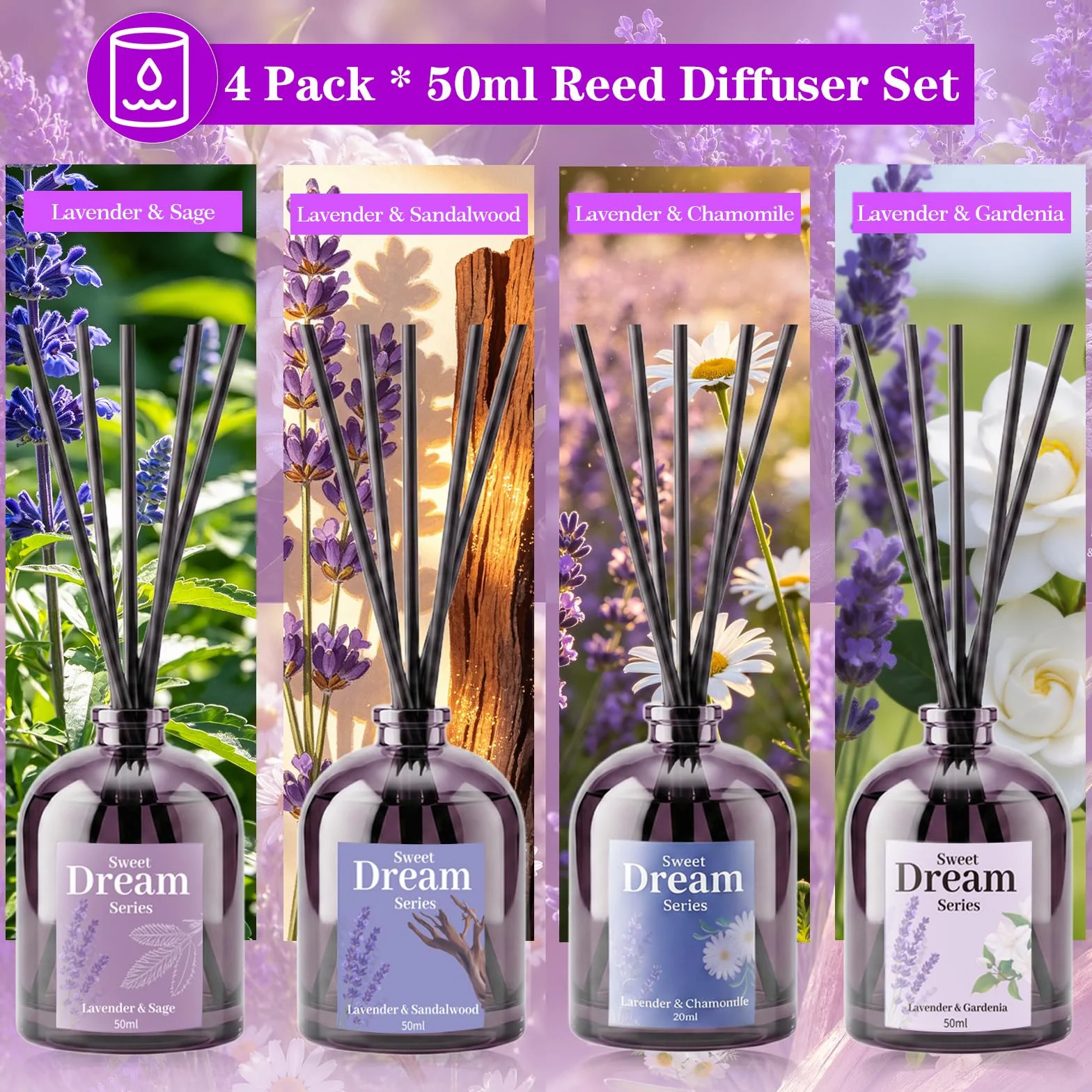 SCENTORINI Dezodorant z pałeczkami zapachowymi, gardenią, szałwią, rumiankiem i drzewem sandałowym, z olejkiem eterycznym z lawendy, dyfuzorem trzciny, 4 x 50 ml, zapachowy do pomieszczeń, łazienek