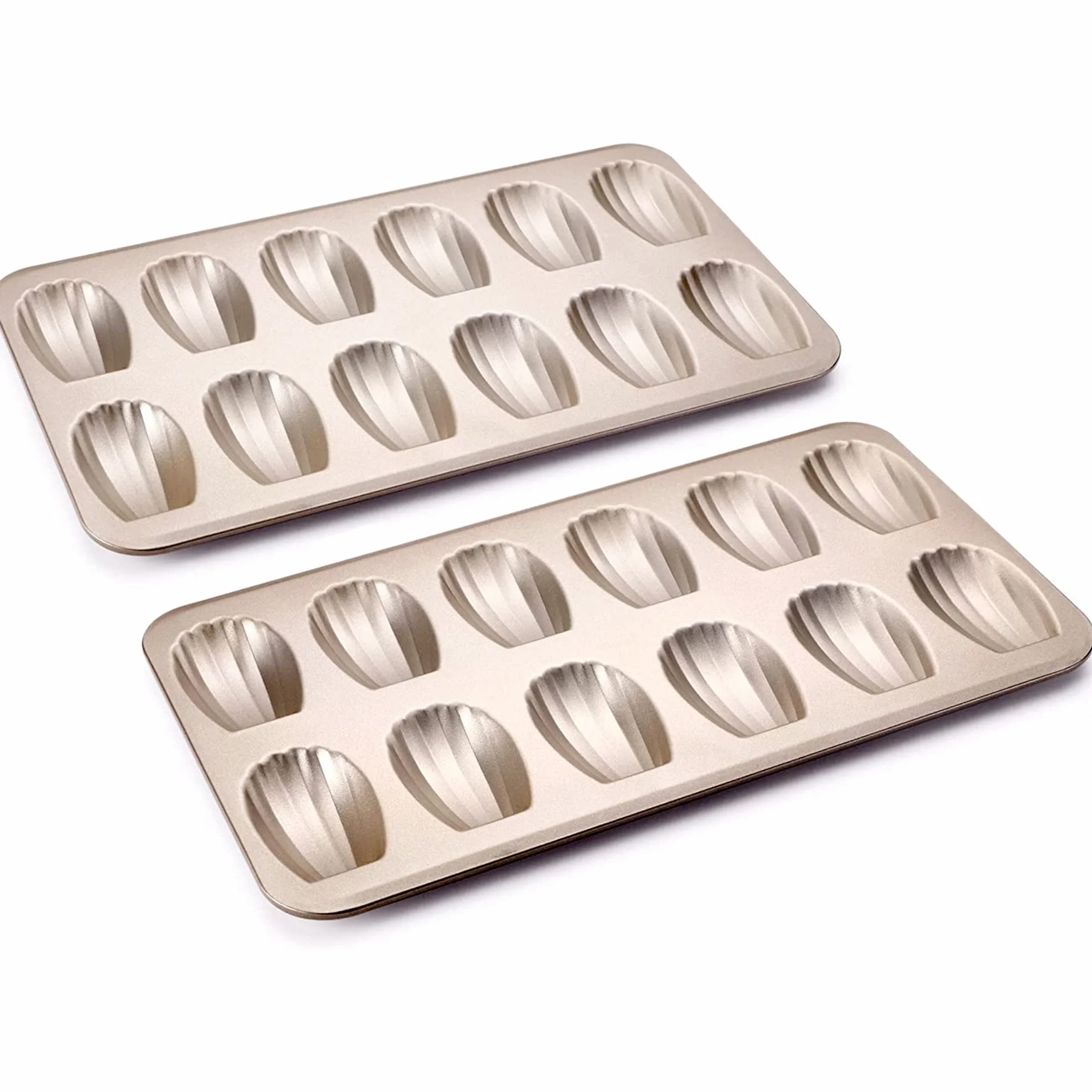 Madeline Foremka do ciastek, 2 sztuki, HONGBAKE 12-wnękowa, wytrzymałe, nieprzywierające tacki na magdaleniny, do pieczenia w piekarniku, odporna na odkształcenia, kształt muszli, Madelaine, forma do ciasta, szampańskie złoto