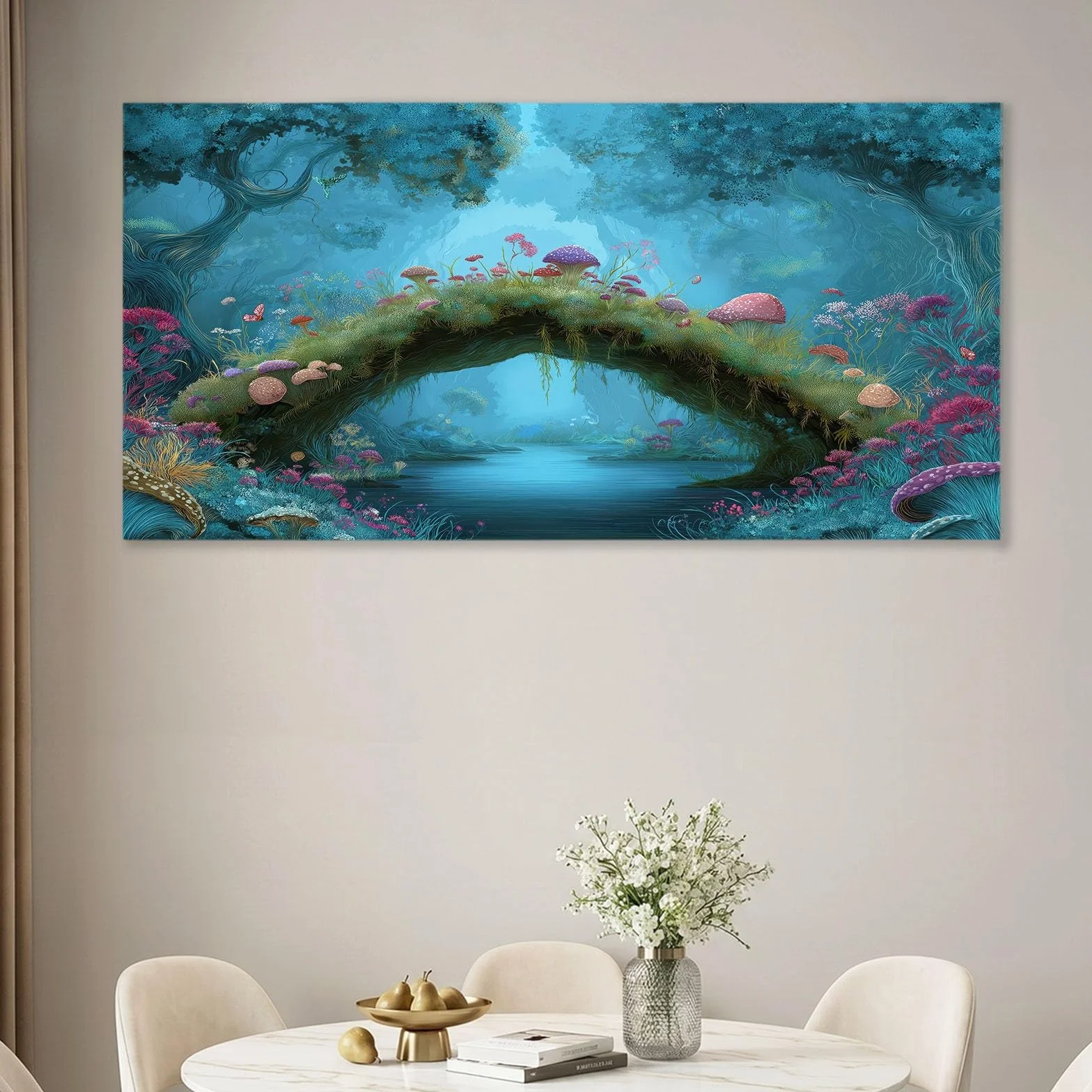 Natura, las na płótnie, oprawiony obraz na płótnie, oprawiony obraz, grafika do salonu, sypialni, przedpokoju, kuchni lub biura, dekoracja, 90 x 60 cm, niebieska dżungla, rośliny, grzyby