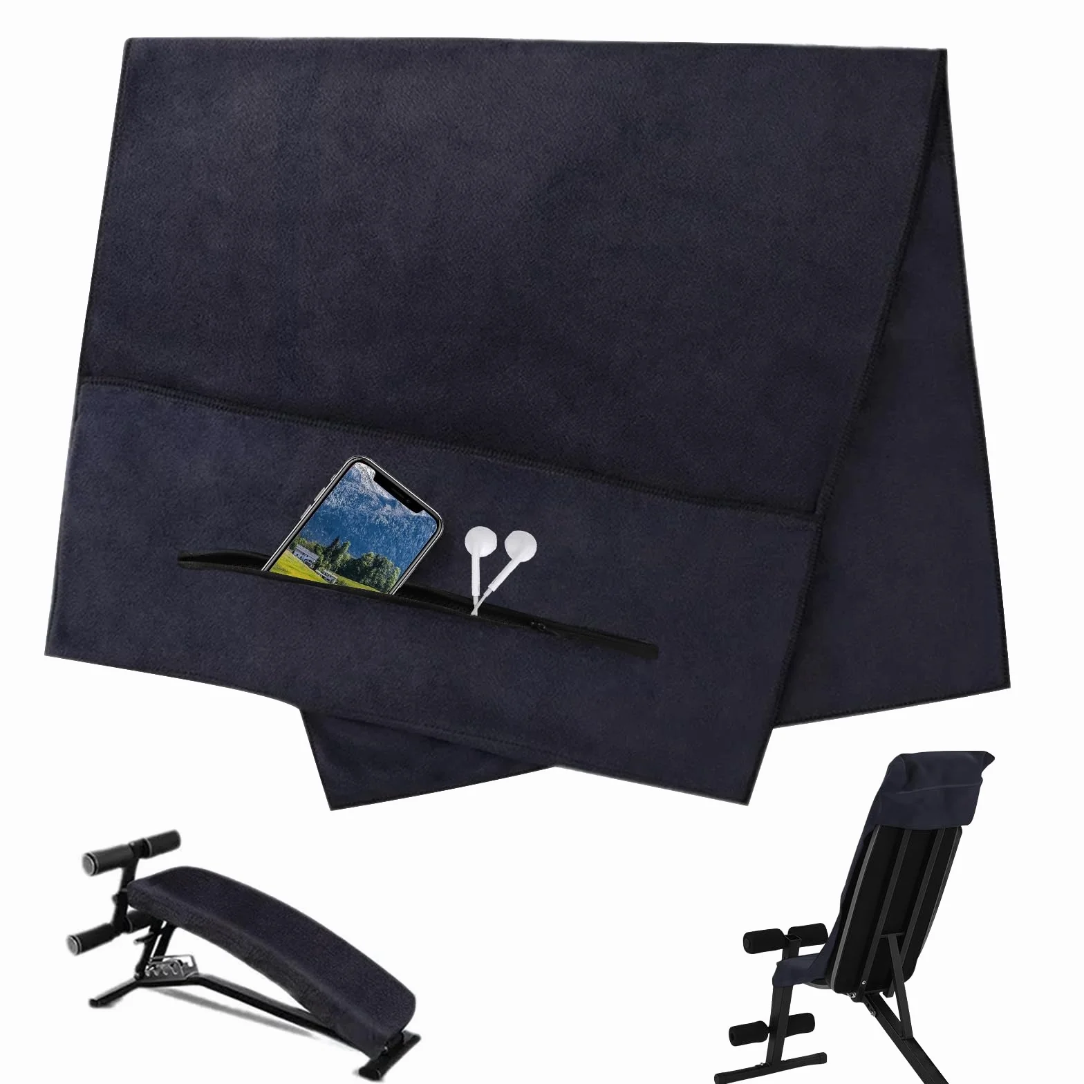 Ręcznik do fitnessu, 120 x 50 cm, z kieszenią na zamek błyskawiczny, ręcznik sportowy, do studia fitness, chłonny ręcznik sportowy, z mikrofibry, do uprawiania sportu, na siłownię, trening na