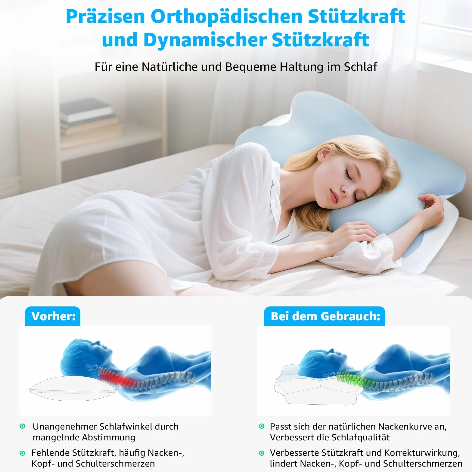 BRO Poduszka podpierająca kark, z pianki z pamięcią kształtu, ergonomiczna poduszka pod głowę, dla osób śpiących na boku, plecach i brzuchu, na bóle karku, 60 x 40 x 13 cm