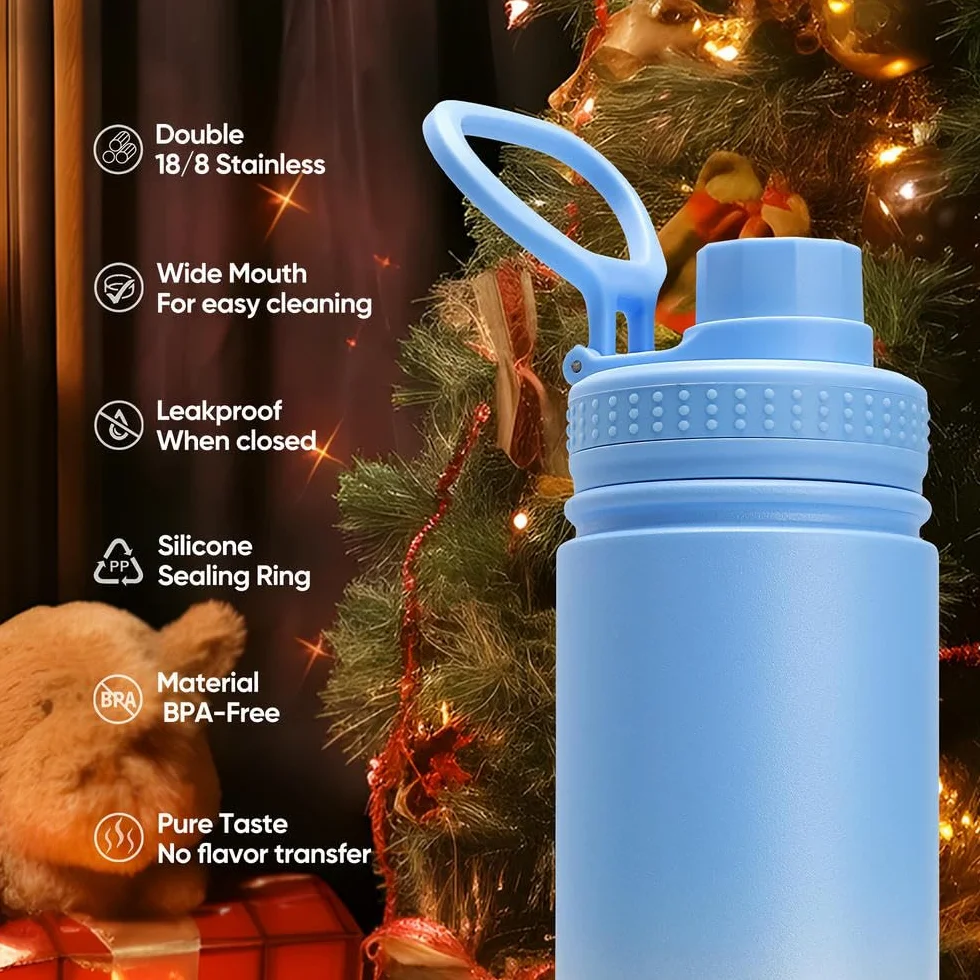 Izolowana butelka na wodę szerokie usta stalowy kubek z pokrywką szczelny podwójna ścianka vacuum flask 24h zimny kołnierz (22oz Green Blue)