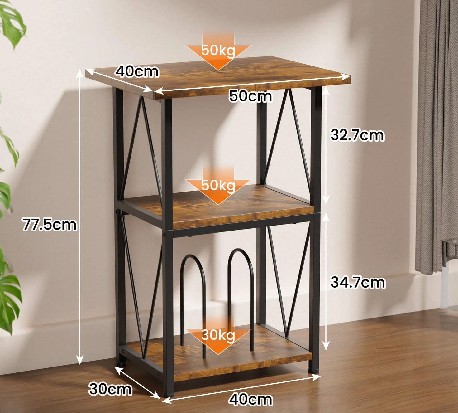 3-poziomowy stół gramofonowy, stojak winylowy 50x40 cm z miejscem do przechowywania | Brązowy design vintage z szerokim blatem, idealny jako stolik pomocniczy do salonu, sypialni i przestrzeni muzycznej.