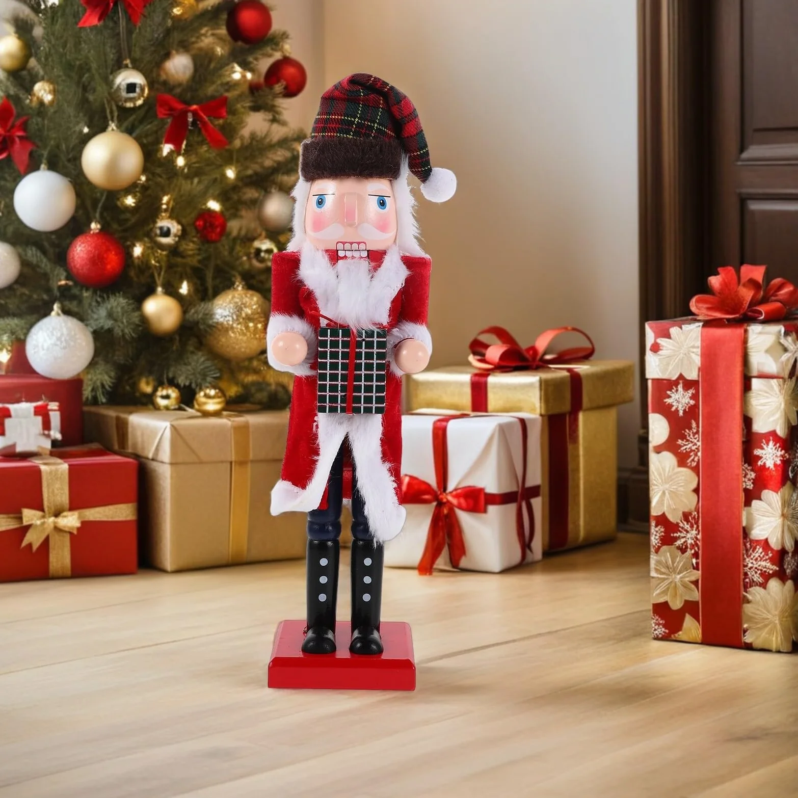 Toyvian Drewniana Figurka Dziadka Do Orzechów z Podstawką Ręcznie Malowany Żołnierz Nutcracker Dekoracja Świąteczna Stół i Półkę Trwały i Ornament Bożonarodzeniowy