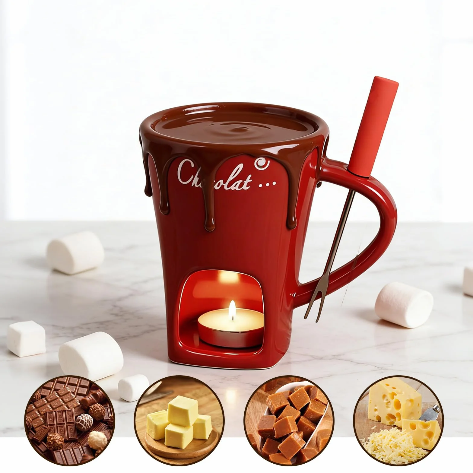Czerwona filiżanka do fondue czekoladowego z widelcem, ceramiczny zestaw do fondue czekoladowego, 130 ml, mini kubek do fondue czekoladowego, wielofunkcyjny, do sera, czekolady, masła i pianek