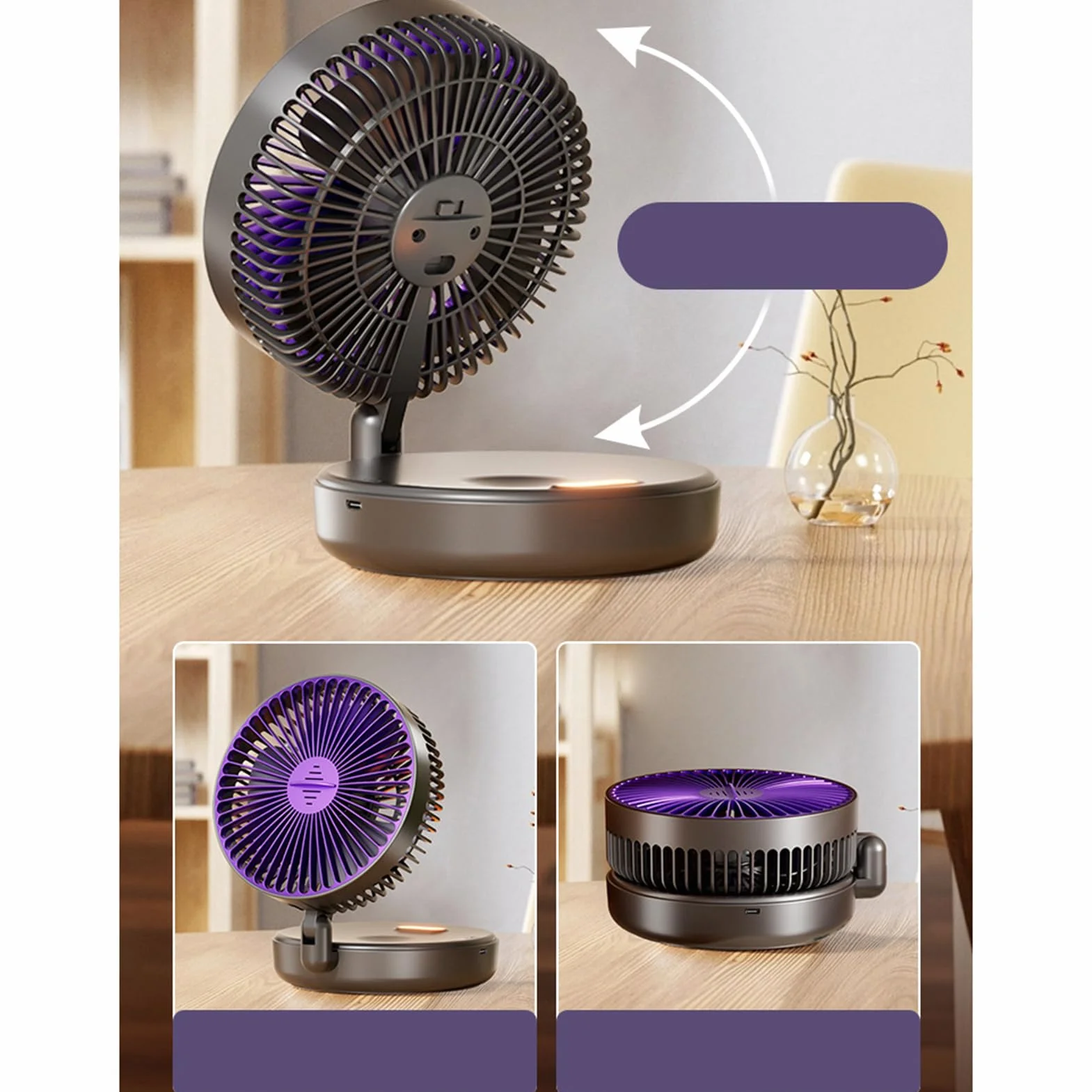 Rechargeable Quiet Small Cooling Fan, Foldable 5-Speed, Portable Air Circulator for Bathroom Camping Outdoor