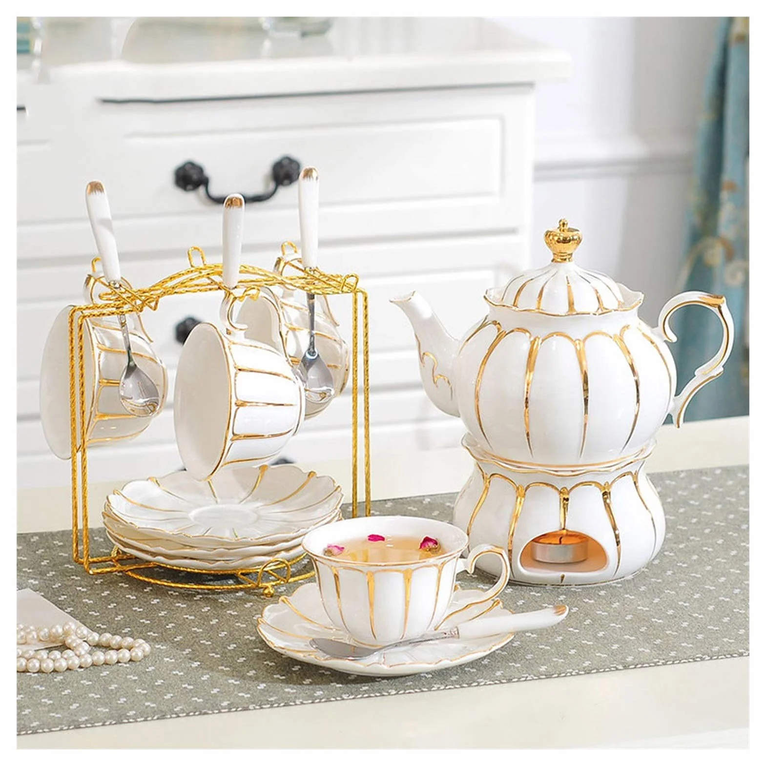 Tea Sets for Adults Popołudniowy zestaw herbaty, w tym filiżanki herbaty i spodek metalowy uchwyt na kubek i ekspres do herbaty z ceramiczną podstawą podgrzewacza nadaje się do kawy i herbaty owocowej