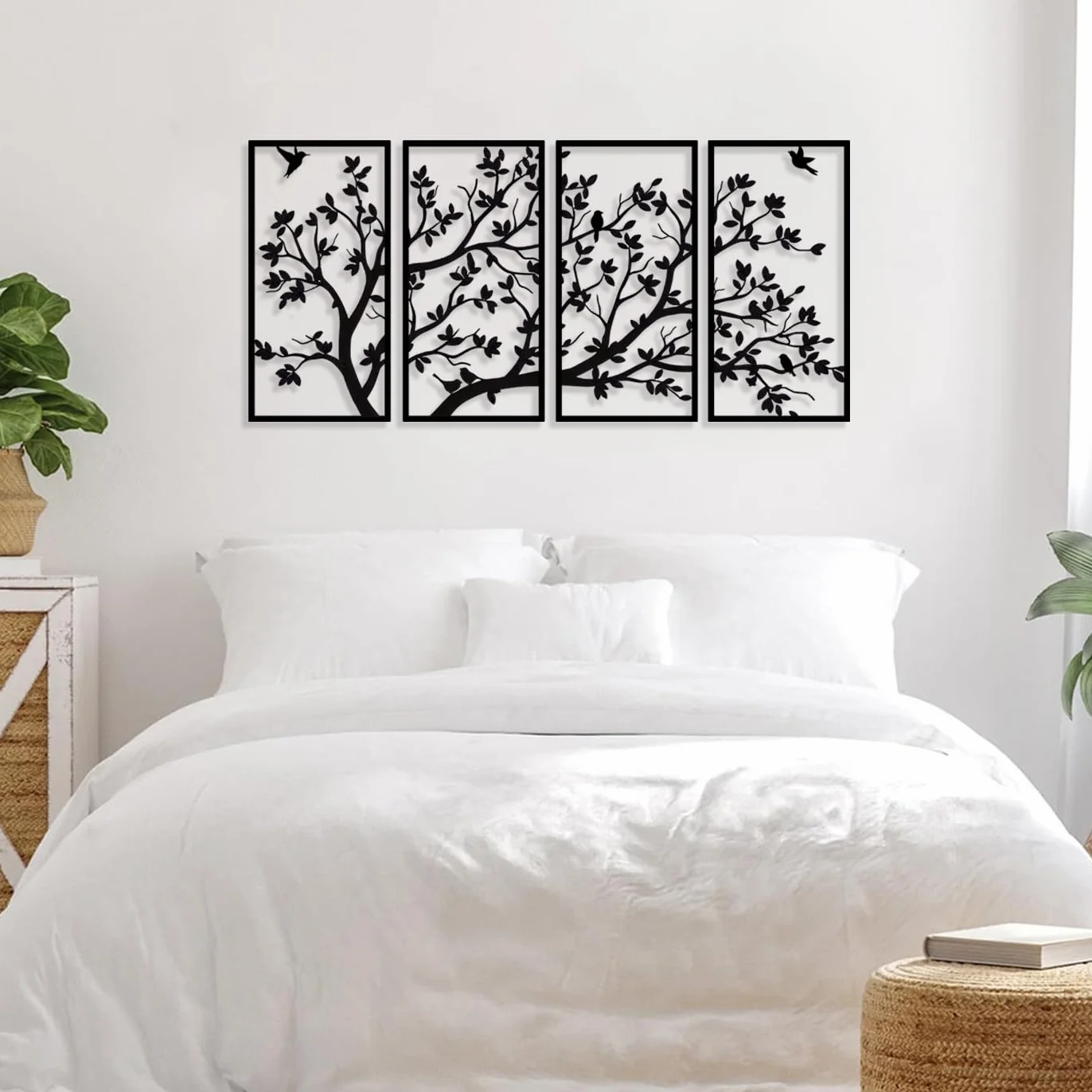Metalowe drzewo życia, sztuka ścienna, dekoracja, 4 panele, drzewo życie, metalowa sztuka ścienna na prezent, ogród, dom, sypialnia, salon (60 cm x 30 cm x 11,8 cala)