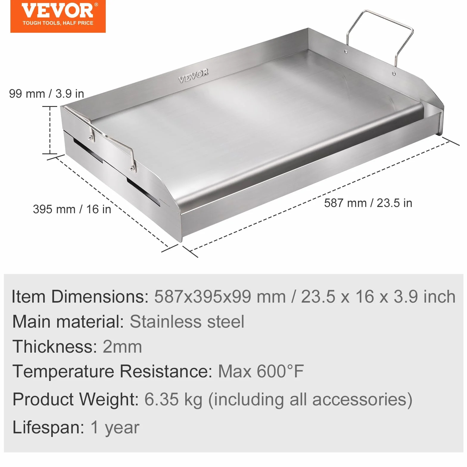 VEVOR Wstępnie przyprawiona płyta grillowa 587 x 395 mm, prostokątna płyta grillowa ze stali nierdzewnej, nieprzywierająca, grubość 2 mm, do kuchenki gazowej z 2 palnikami