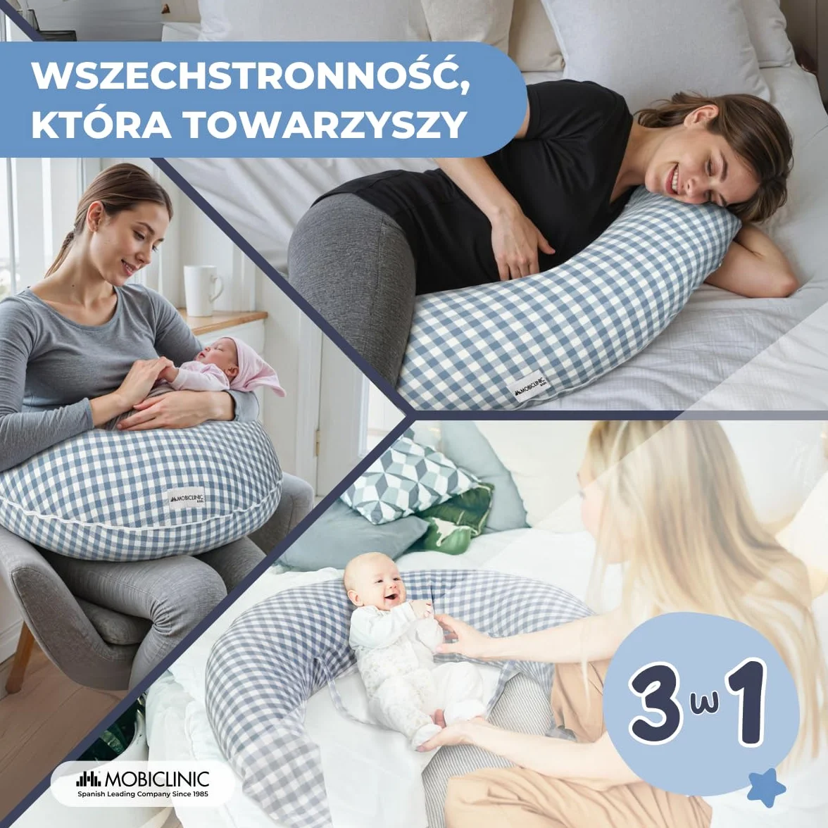 Mobiclinic®, Poduszka do Karmienia Piersią XXL, 3 w 1, Poszewka 100% Bawełny, 150 Cm, Regulowane Paski, Wielofunkcyjna, Aura, Zdejmowana i Nadająca się do Prania, Wielopozycyjna, Nadruk Vichy