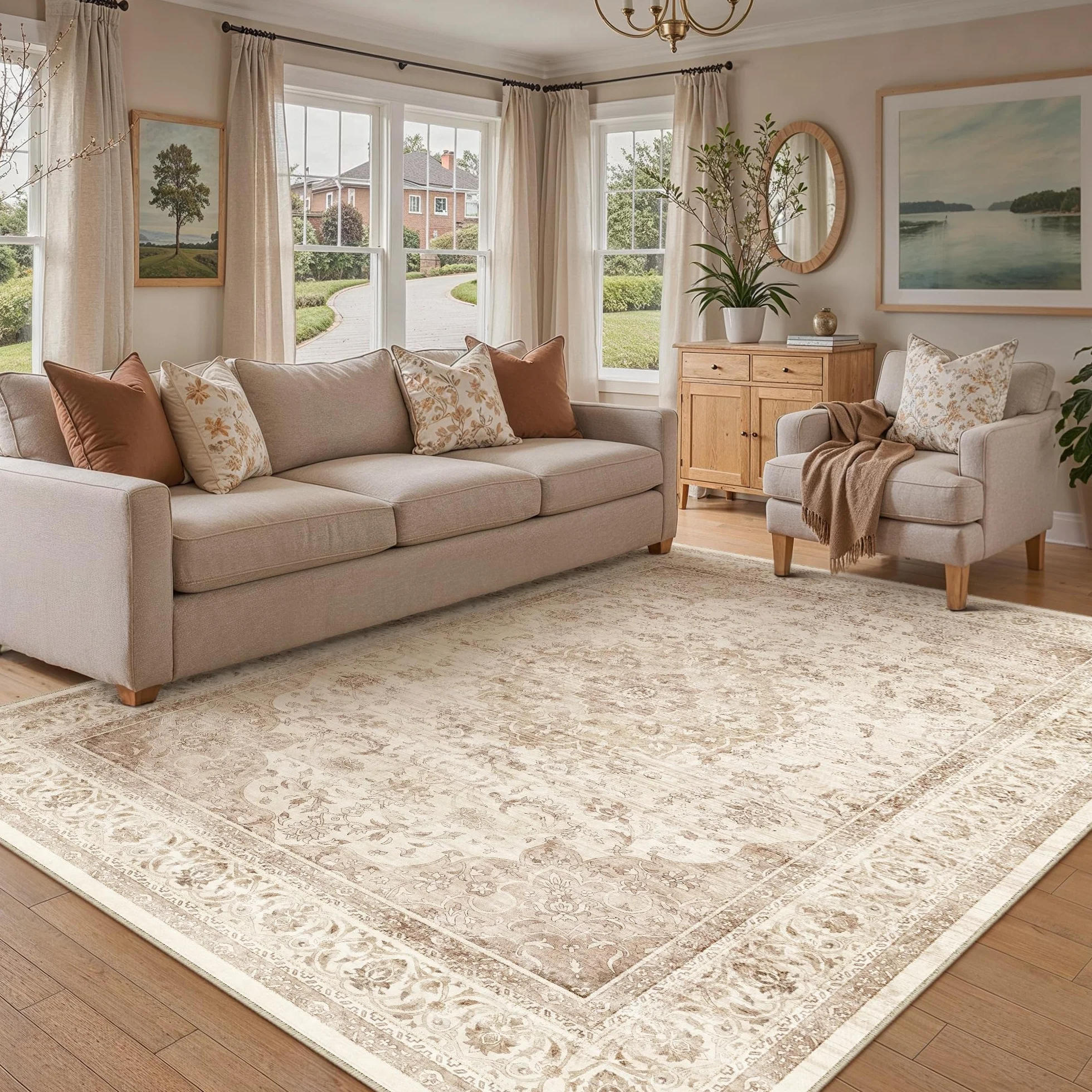 PureCozy Beżowy dywan w stylu vintage, 160 x 230 cm, zmywalny, do sypialni, salonu, miękki dywanik z antypoślizgowym spodem, lekki, niski runo, tradycyjny dywan do jadalni, kuchni, biura, pokoju zabaw