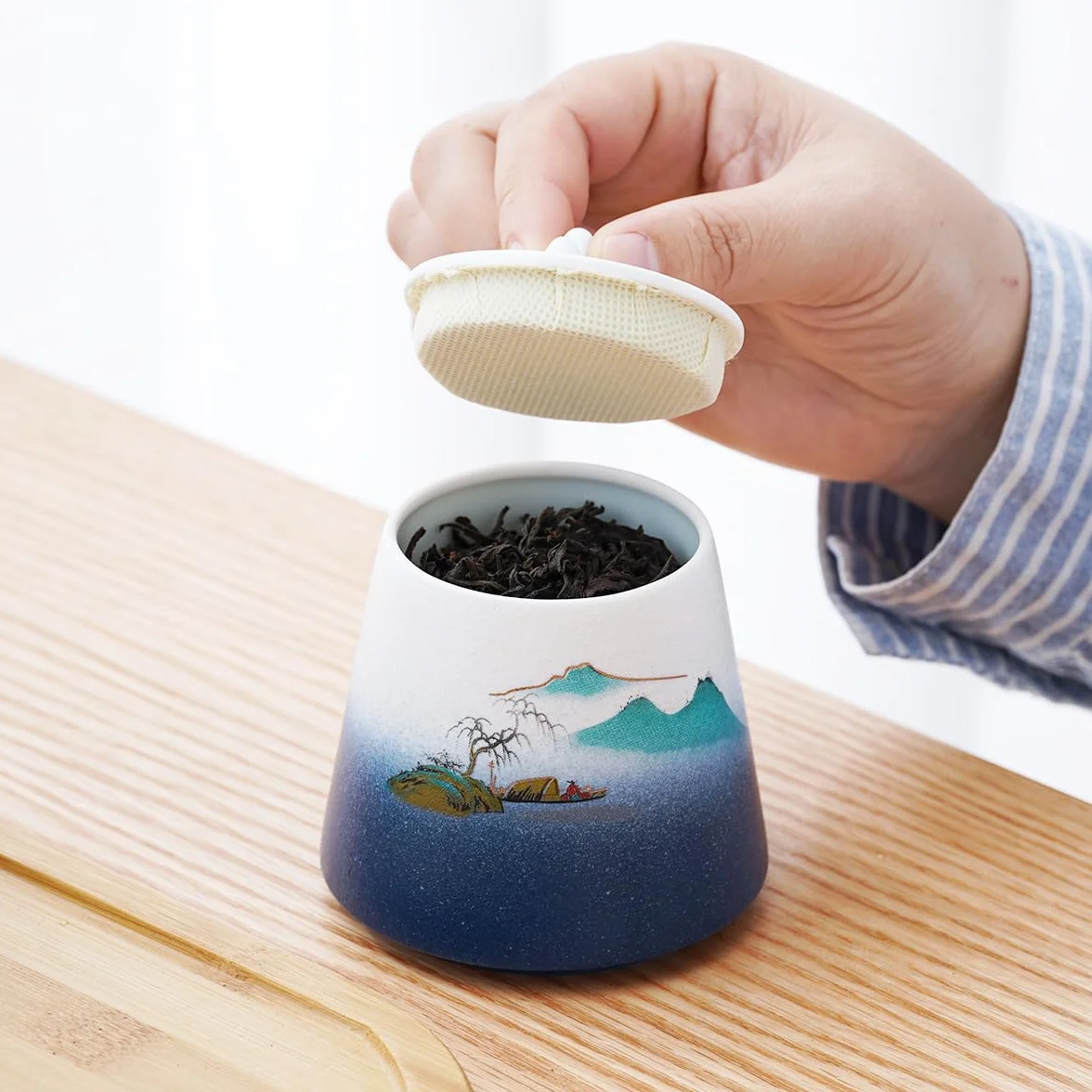 XYNSNDB Pojemnik na herbatę Ceramiczny słoik do przechowywania herbaty Domowe biuro Czajniczek z trzema filiżankami na herbatę i tacą na herbatę Kreatywny przenośny podróżny zestaw do herbaty Pudełko