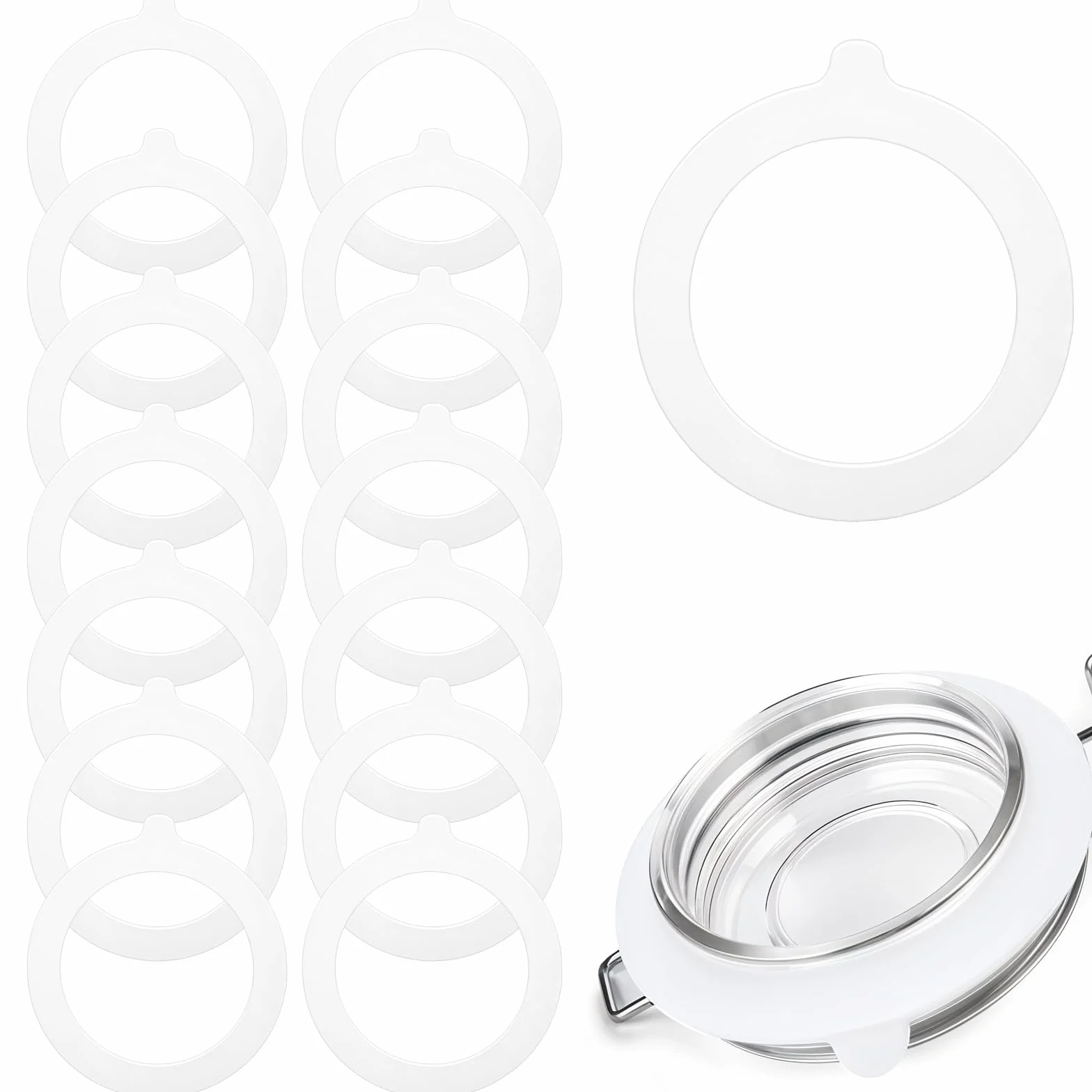 15 szt. 9,5 cm Silikonowe uszczelki do słoików, szczelne silikonowe uszczelki do szkła Mason Jar, hermetyczne pierścienie uszczelniające zamiennik, standardowy otwór, białe uchwyty do słoików