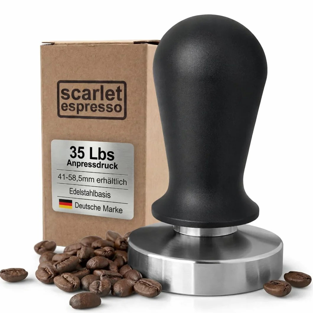 scarlet espresso | Tamper „Perfetto” dla baristy; skalibrowany na 15,88 kg (35 lbs) siłę nacisku; z uchwytem z aluminium lub szlachetnego drewna i precyzyjną podstawą ze stali nierdzewnej (57 mm)