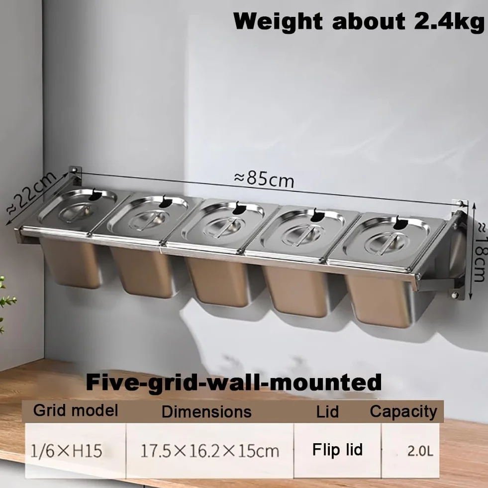 Komercyjny montowany na ścianie stojak na przyprawy ze stali nierdzewnej z pokrywką i łyżką, zestaw pojemników do dozowania przypraw, stacja dozująca bufet sałatkowy, taca z przegródką na pizzę, 3