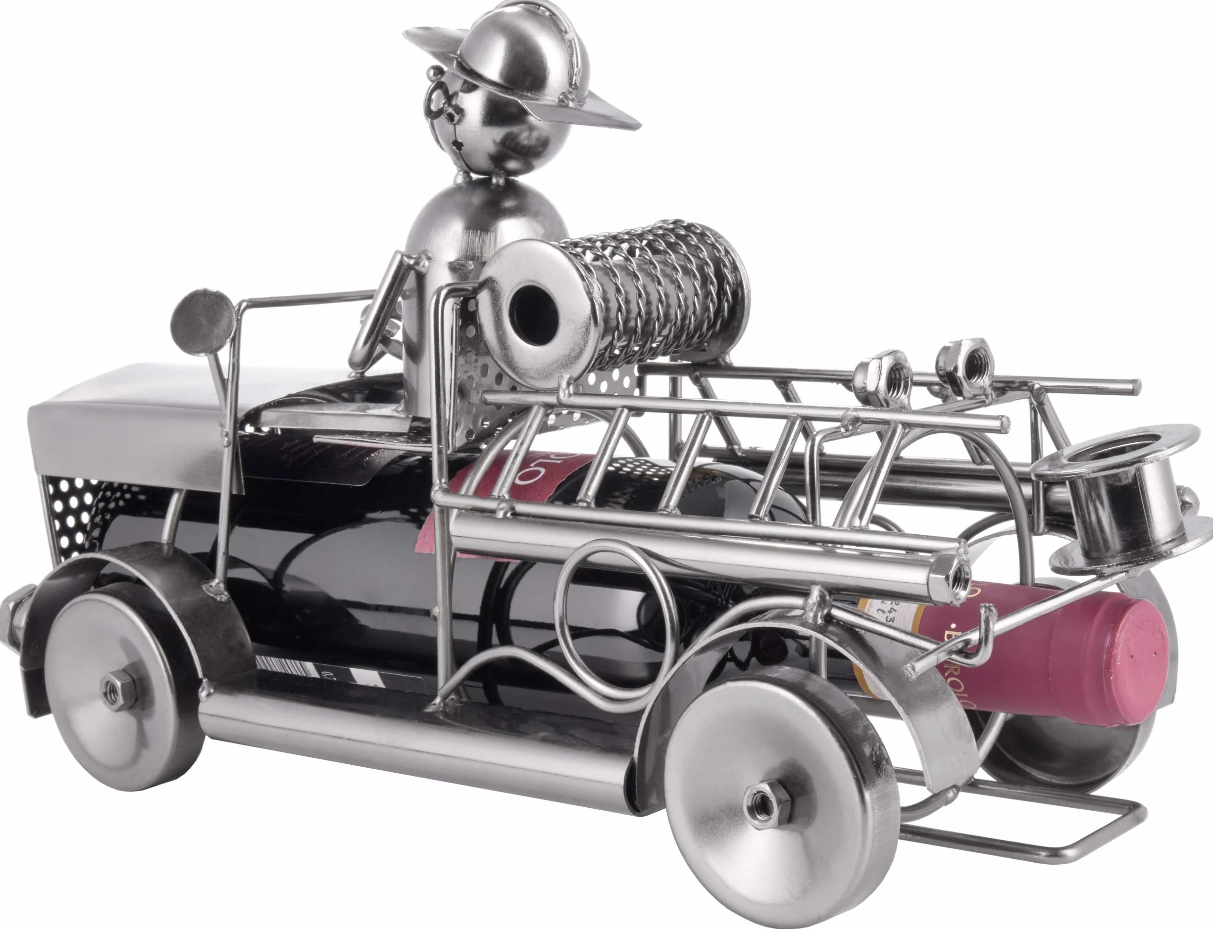 BRUBAKER Uchwyt na Butelkę Wina Wóz Strażacki - Wóz Strażacki Metalowa Rzeźba Stojak na Butelkę - 32 cm Metalowa Figura Prezent na Wino Dla Strażaków i Strażaczek - z Kartką z Życzeniami