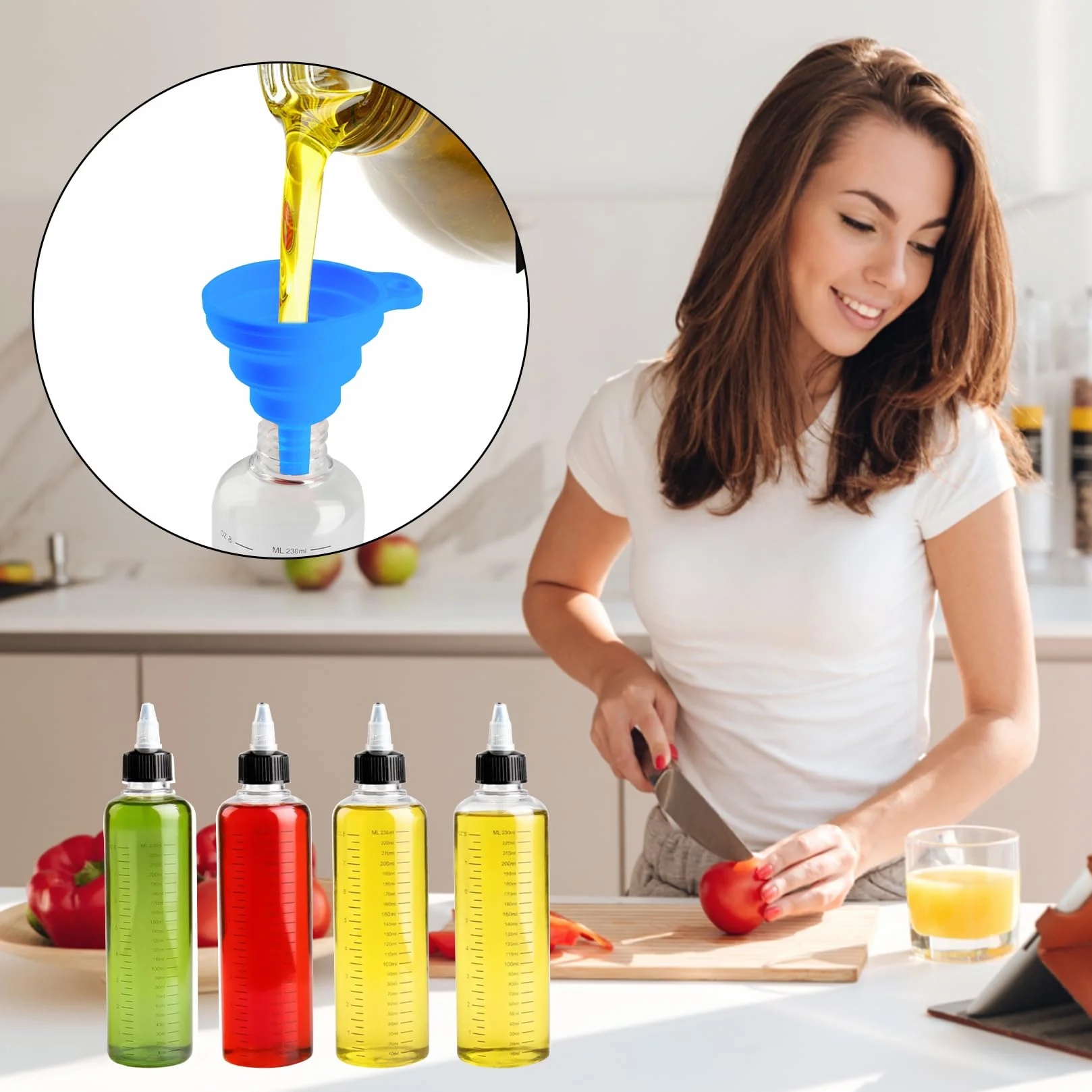 4 butelki wyciskane 250 ml, plastikowe butelki na sos, przezroczyste butelki do wyciskania, z tworzywa sztucznego, z nakrętkami do dozowników sosów, octu sojowego, ketchupu, oleju, z lejkiem