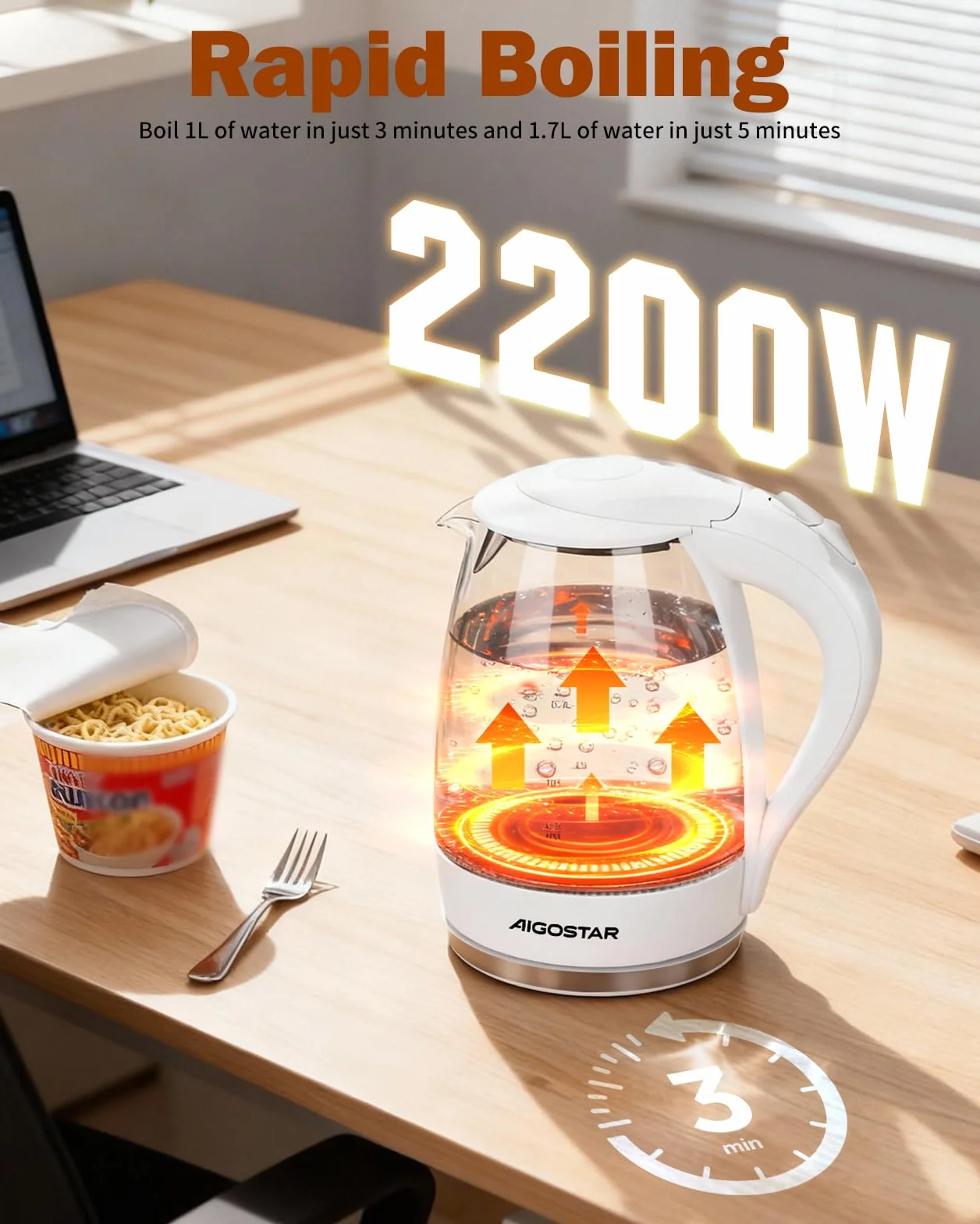 Aigostar Eve 30GON- Szklany czajnik z podświetleniem LED, 2200W, 1.7 L. Zabezpieczenie przed przegrzaniem, BPA Free, Biały ekskluzywny projekt