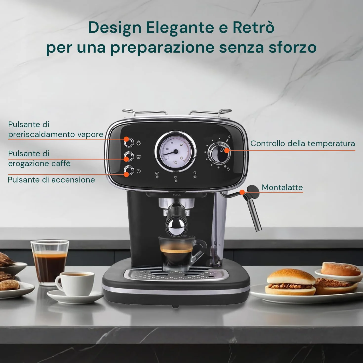 Wintem - Czarna kawa 1100 W do espresso i cappuccino z włócznią parową, kompatybilny z goframi i kawą mieloną, wyjmowany zbiornik 1,2 l, ciśnienie 15 bar