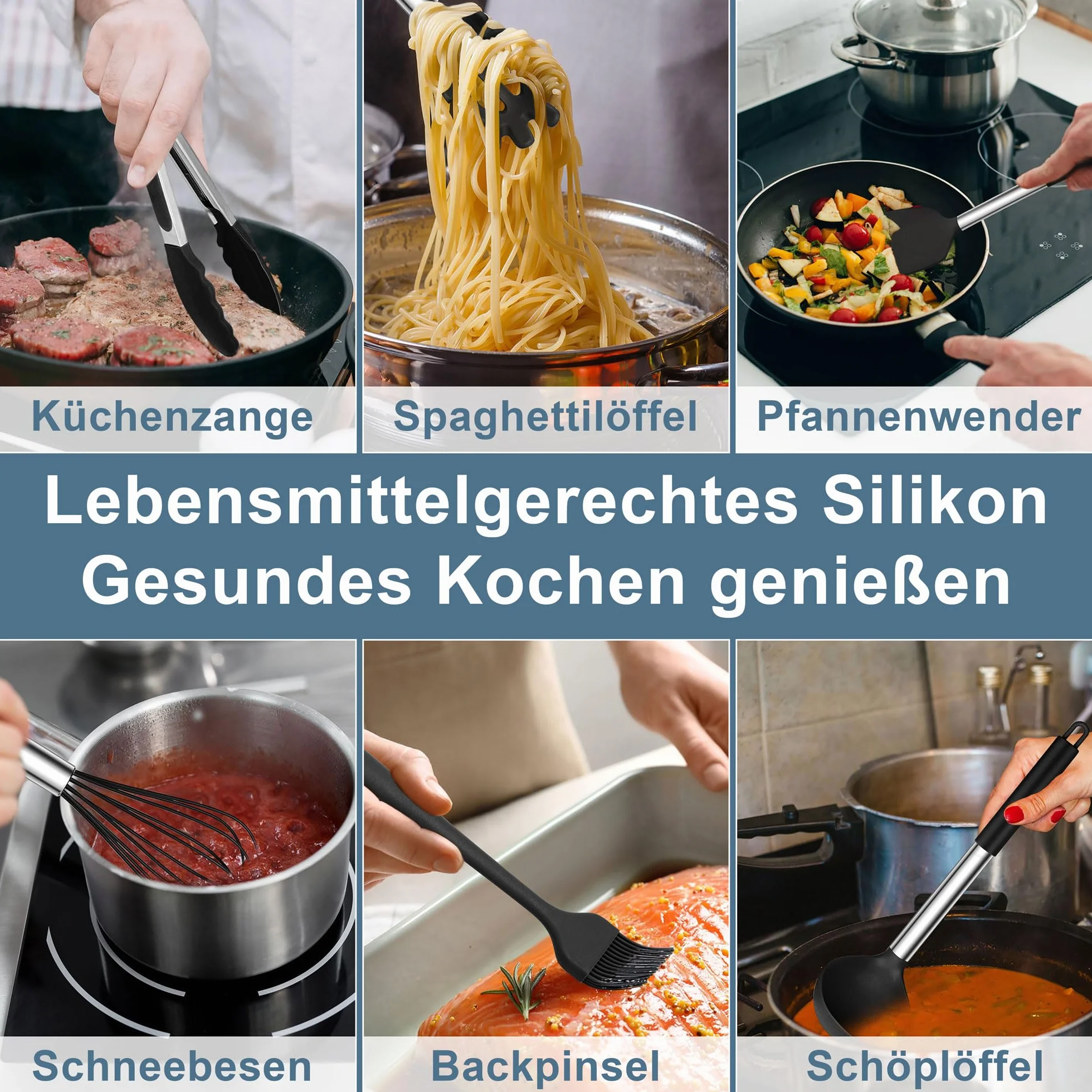 HaWare Zestaw przyborów kuchennych, 20 sztuk, silikonowe przybory kuchenne, czarne naczynia kuchenne z uchwytem ze stali nierdzewnej, odporne na wysokie temperatury, z uchwytem na przybory, nadają się
