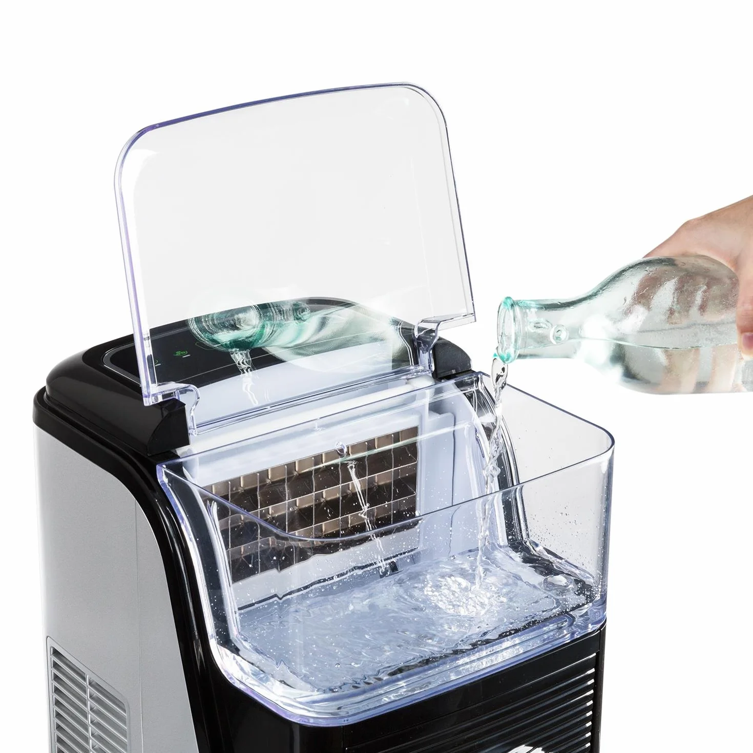 Klarstein Kristal Ice Edition - Maszyna do lodu kryształowego, kostkarka do lodu, zbiornik 2,5 l, 2 rozmiary kostek, wyświetlacz poziomu wody i lodu, system cyrkulacji: kształt kostek do topienia, R600a, do 15 kg/godz., srebrny