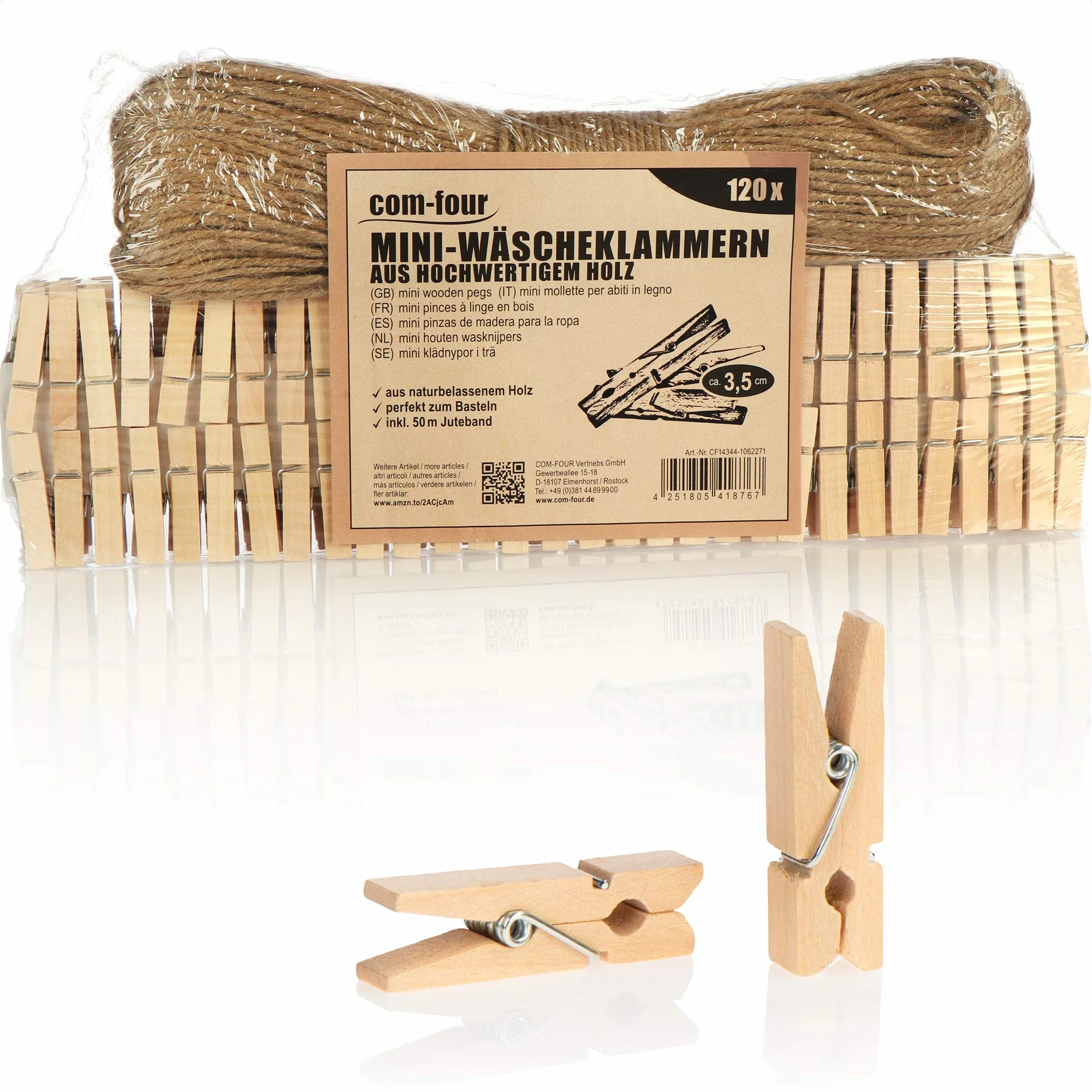 COM-FOUR® 120x mini klamerki do bielizny i 50 m lina jutowa, male drewniane klamerki jako dekoracja do zdjec, kolazy, pocztówek, zdjec (120 sztuk - z tasiemka jutowa - naturalny)