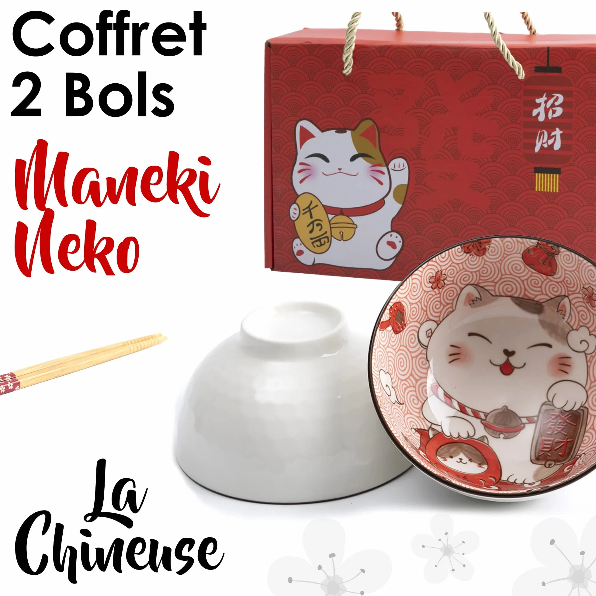 Lachineuse - 2 miski Maneki Neko - Pudełko Miseczek na ryż, śniadanie i zupę - Japońska zastawa stołowa z porcelany - z pałeczkami - kot szczęśliwy - japoński prezent - Kawaii Japan Deco