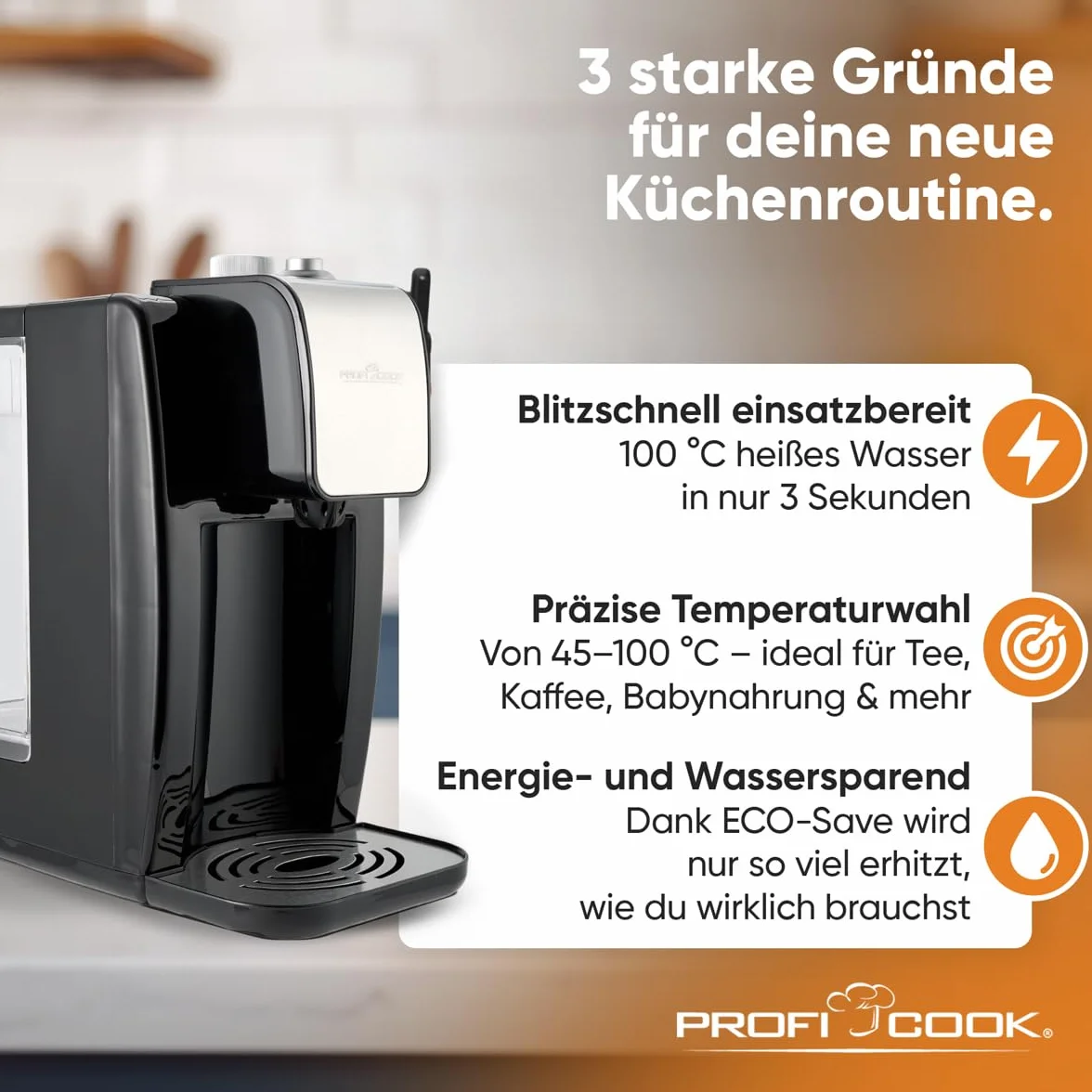 Profi Cook PC-HWS1168 - Dozownik/fontanna gorącej wody - Pojemność: do 2,2 litra - 2600 W - Kolor srebrny i czarny