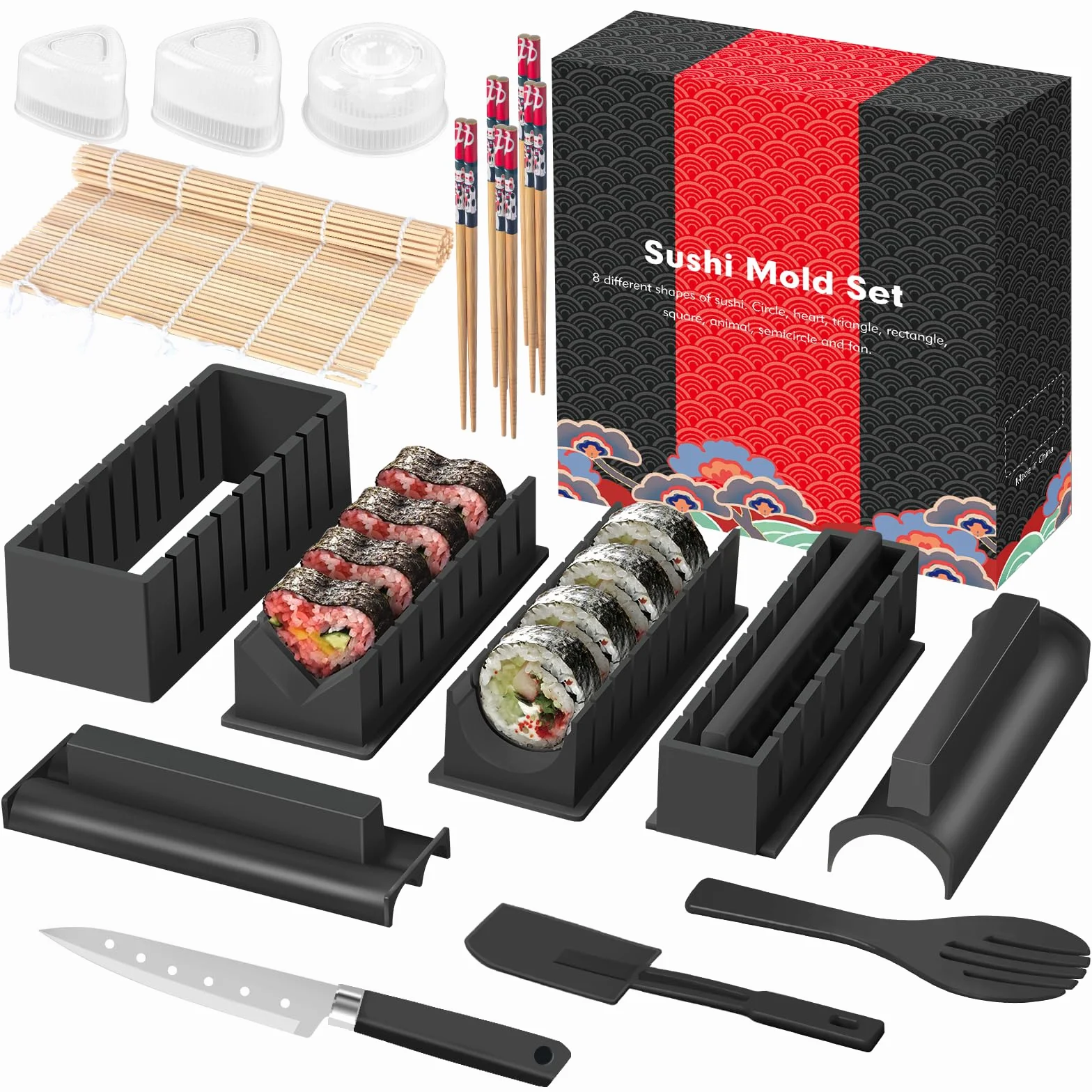 Zestaw do Robienia Sushi, 20 Elementów, Dla Początkujących, Samodzielnego Wykonania, Z Widelcem, Nożem, Matą do Rolkowania, Pałeczkami, Kompletny (Czarny)