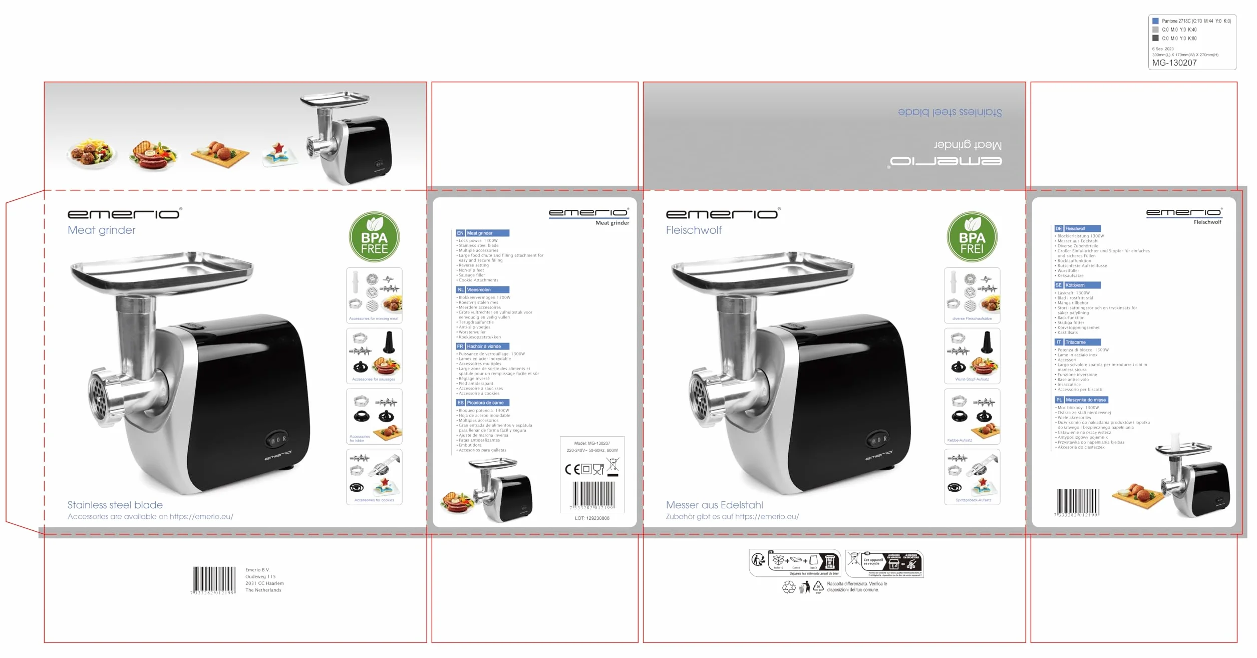 Emerio MG-130207 maszynka do mięsa | elektryczna | 3 wkłady do mięsa (drobna/średnia/gruba) + nakładka do kiełbasy + nasadka do kebbe + nasadka do ciastek na 4 foremki do ciastek | bez BPA | przepływ