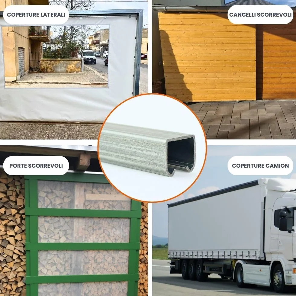 TENDAGGIMANIA Zestaw do prowadnicy do drzwi przesuwanych z jednym kółkiem, ocynkowany, żelazny o dł. 150 CM + 4 slajdów- do arkuszy z PCV oraz tkaniny, drzwi przesuwnych, baldachimów, pergoli i szop