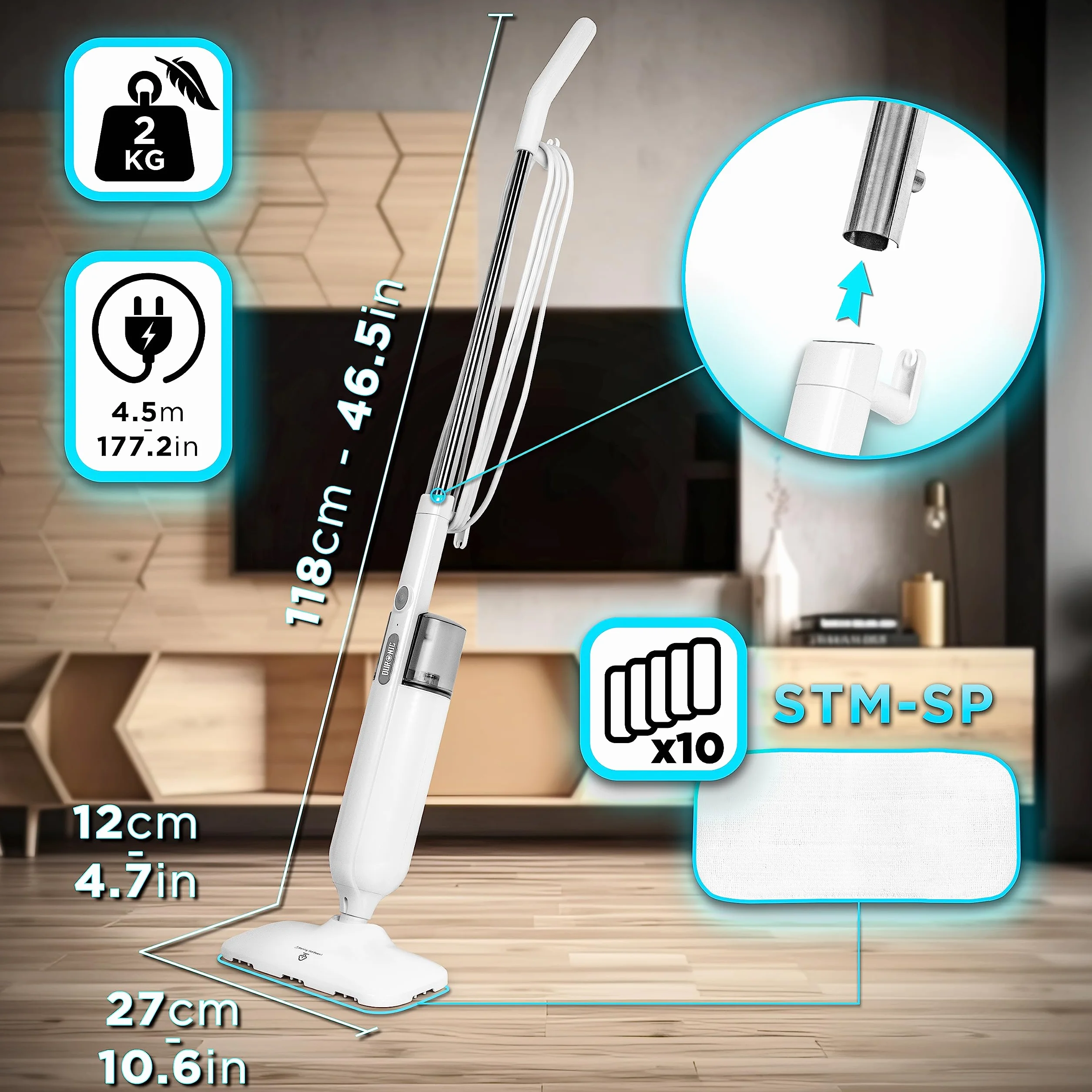 Duronic STM11 Mop parowy elektryczny 1100W 15 sekund nagrzewania 3 wkłady do podłóg twardych 120 stopni
