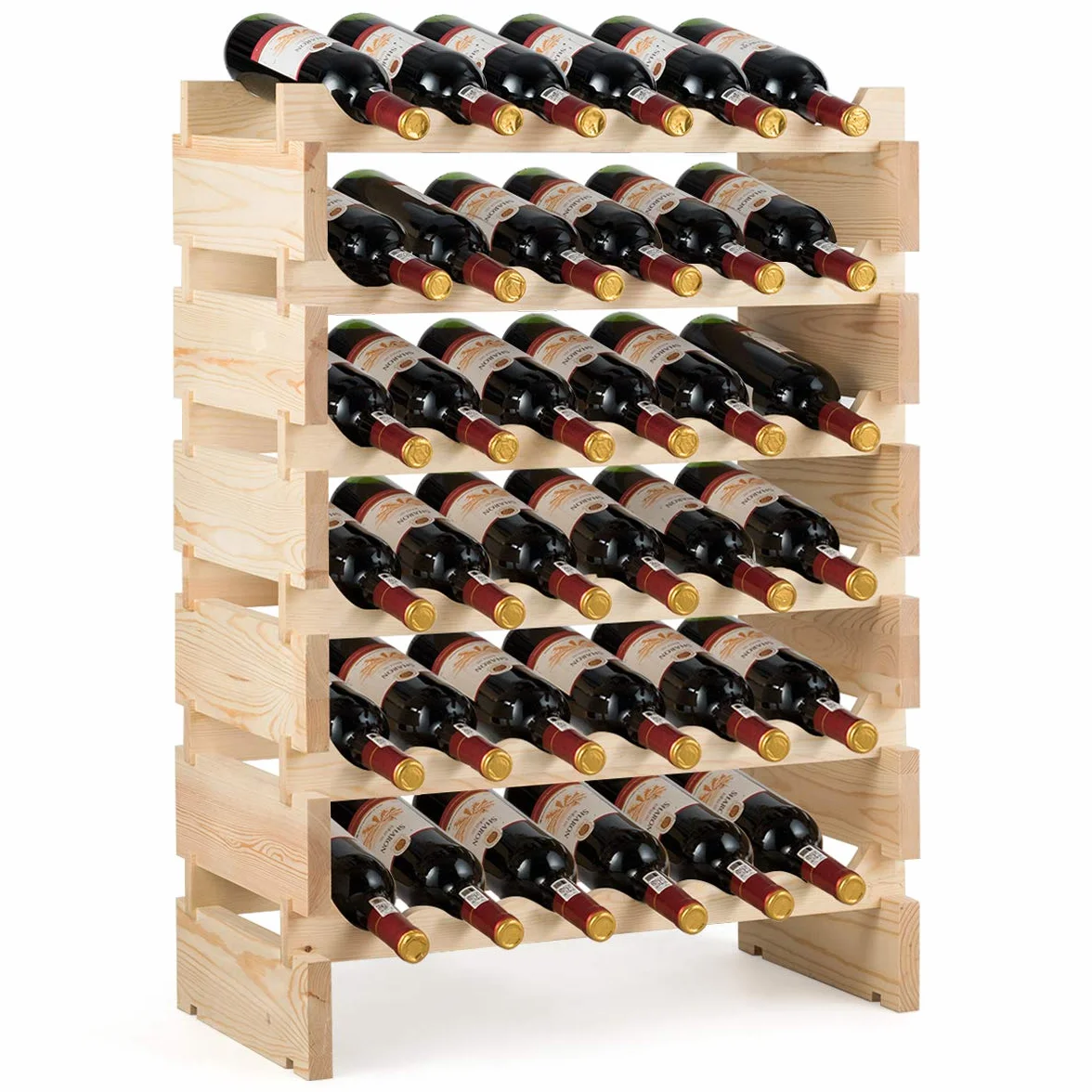 KOMFOTTEU Stojak na butelka na 36 butelek, półka z drewna sosnowego, stojak na wino do układania w stosy, do kuchni, piwnicy, 63 x 28 x 85 cm