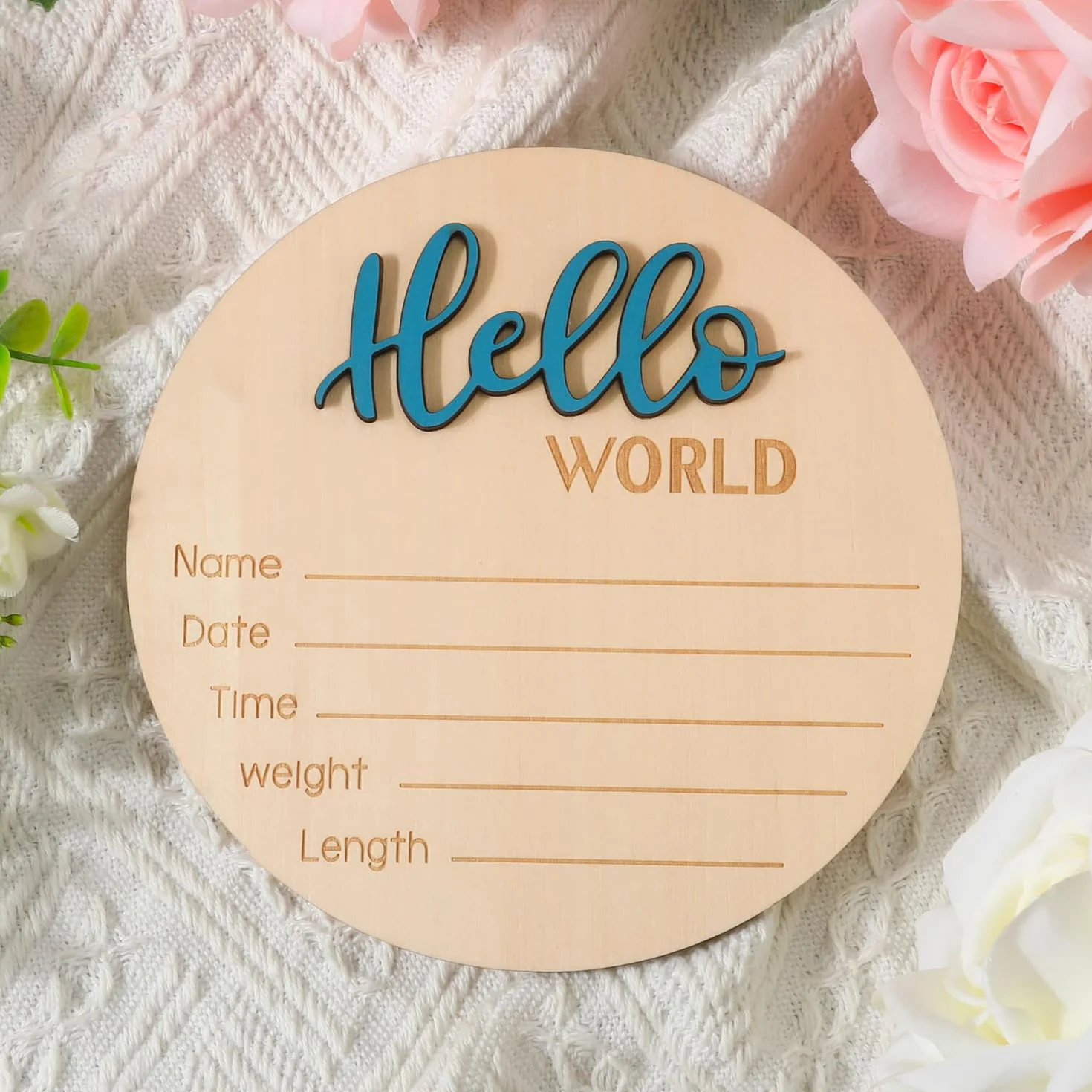 Znak Ogłoszenia Dziecka, 15cm Drewniany Hello World Znak Powitalny Noworodka Tabliczki z Imieniem Dziecka do Rekwizytów Fotograficznych Baby Shower Przedszkole Szpitalne (Niebieski)