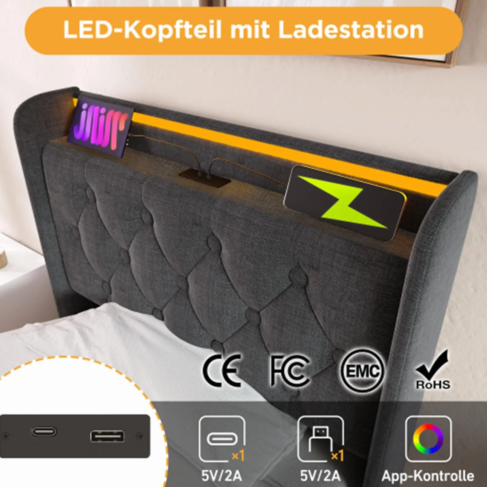 Hydrauliczne łóżko tapicerowane 360° LED z przyciskiem / aplikacja / pilot zdalnego sterowania, łóżko pojedyncze, łóżko magazynowe, skrzynia na pościel z funkcją ładowania USB typu C, kolor | Łóżko pojedyncze, lniane łóżko magazynowe, skrzynia na pościel