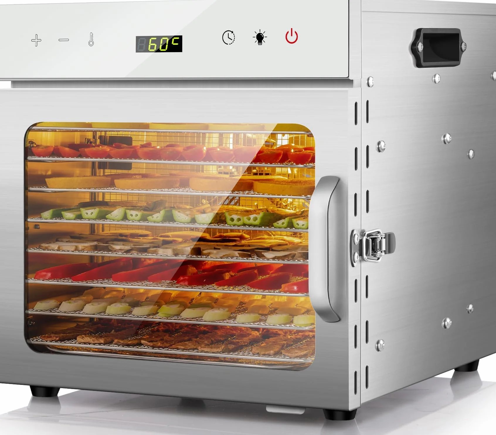 Kwasyo Suszarka ze stali nierdzewnej, 8 poziomów z 6 foliami do suszenia, książka z przepisami, nie zawiera BPA, regulacja temperatury 30-90°C, maks. 24 godziny, suszarka do warzyw, mięsa, owoców