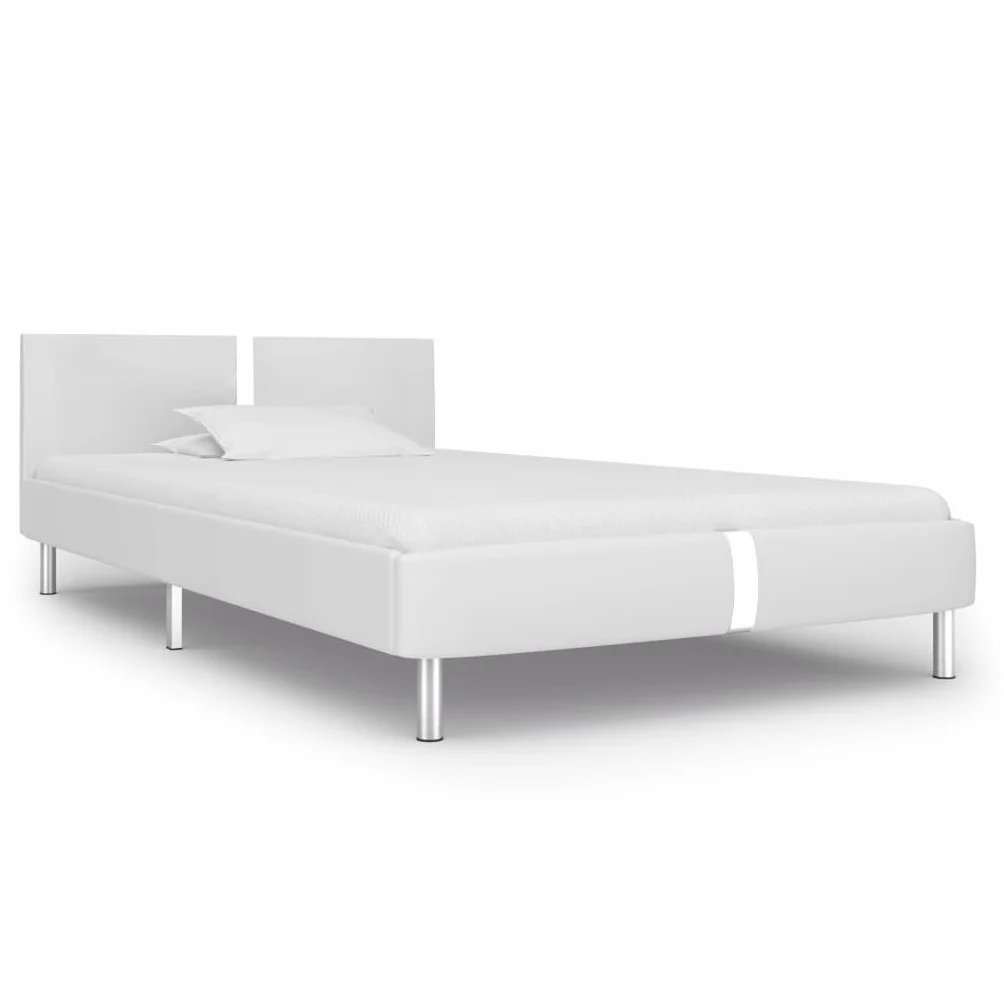 Skórzana elegancka rama łóżka klasyczna biała 90x200 cm | Rama łóżka biała sztuczna skóra 90x200 cm tapicerowane łóżko z zagłówkiem stalowe nogi