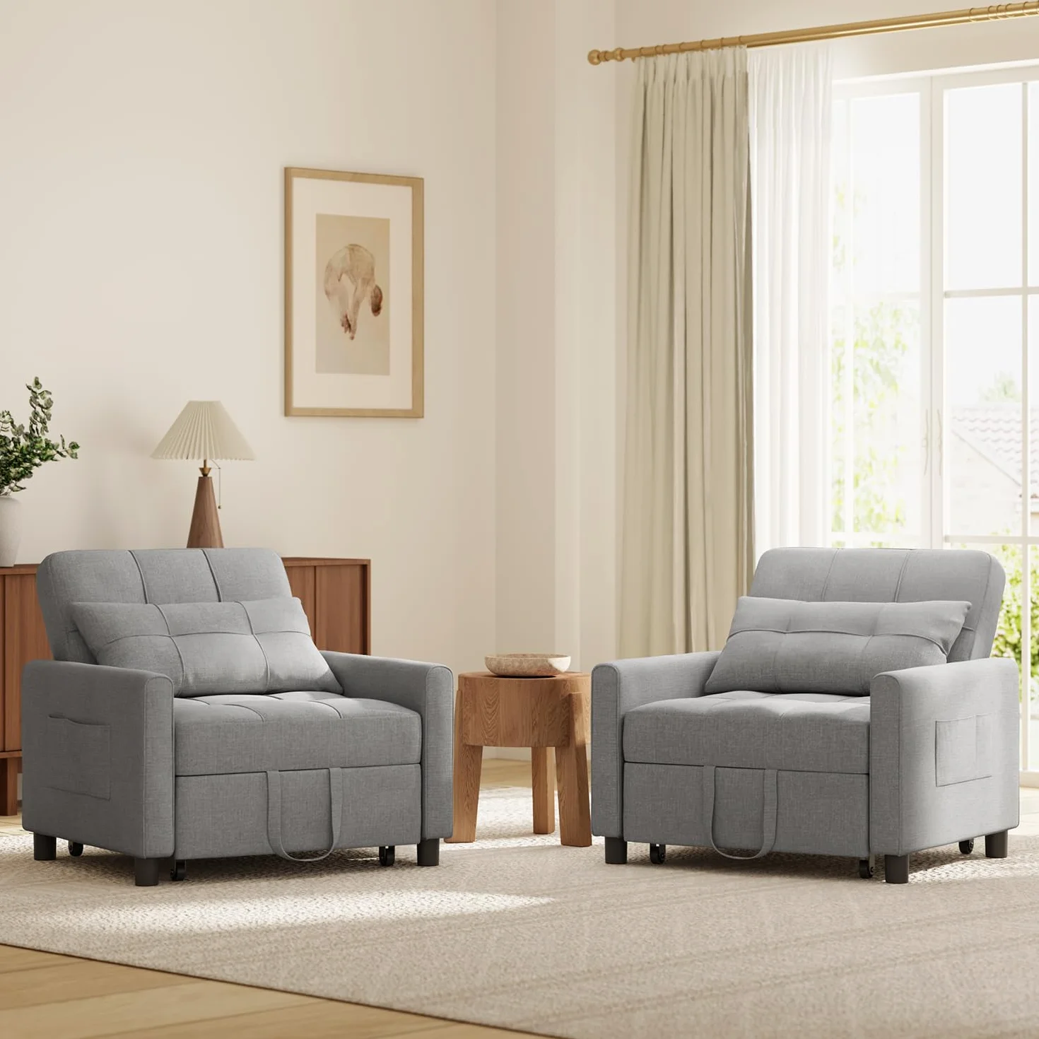 Fotel Do Spania 3 w 1 Rozkładana Sofa z Poduszkami i Kieszeniami Boczny, Jasnoszary