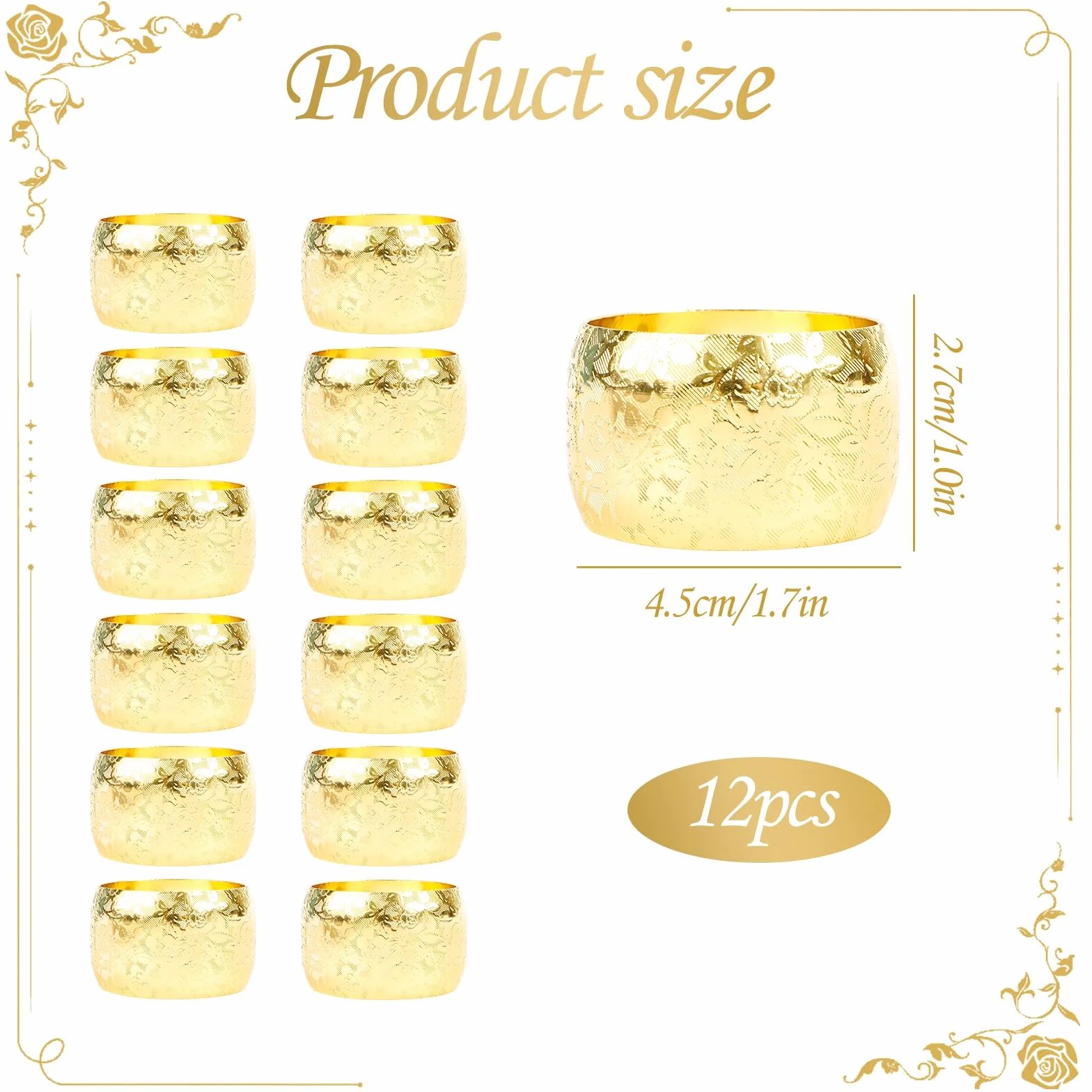 Pierścienie na serwetki, złote, 12 sztuk, eleganckie, metalowe pierścienie na serwetki, sprzączki do serwetek, róże, pierścienie na wesele, kolację, do hotelu, na festiwal, kolację, do jadalni