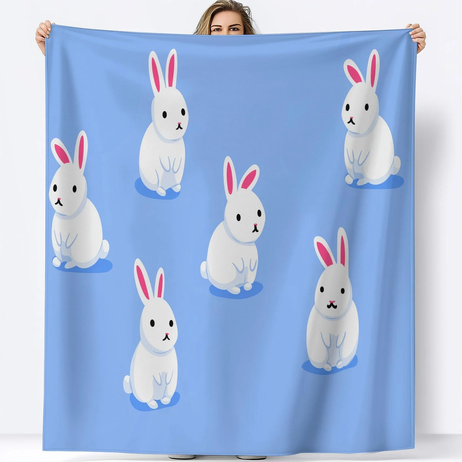 Kreskówka flanelowy koc polarowy zwierzęta królik flanelowy, narzuta na sofę przytulny koc dwuosobowy koc na łóżko w kratę zimowy, 220 x 240 cm błękitny