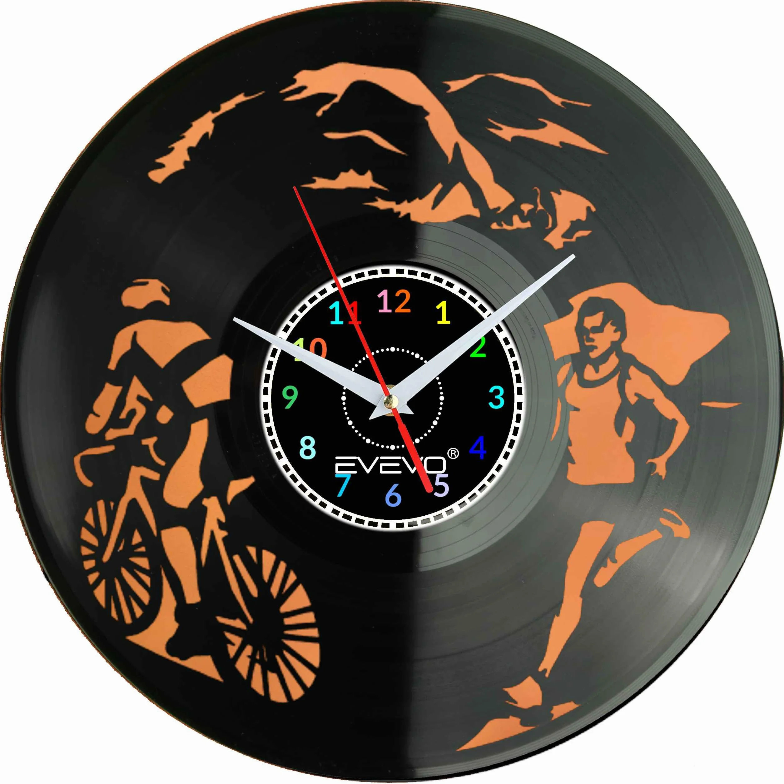 ZEGAR ŚCIENNY IRONMAN TRIATHLON FLUORESCENCYJNE TŁO PŁYTA WINYLOWA PREZENT UPOMINEK URODZINY DLA NIEJ DLA NIEGO EVEVO F0010